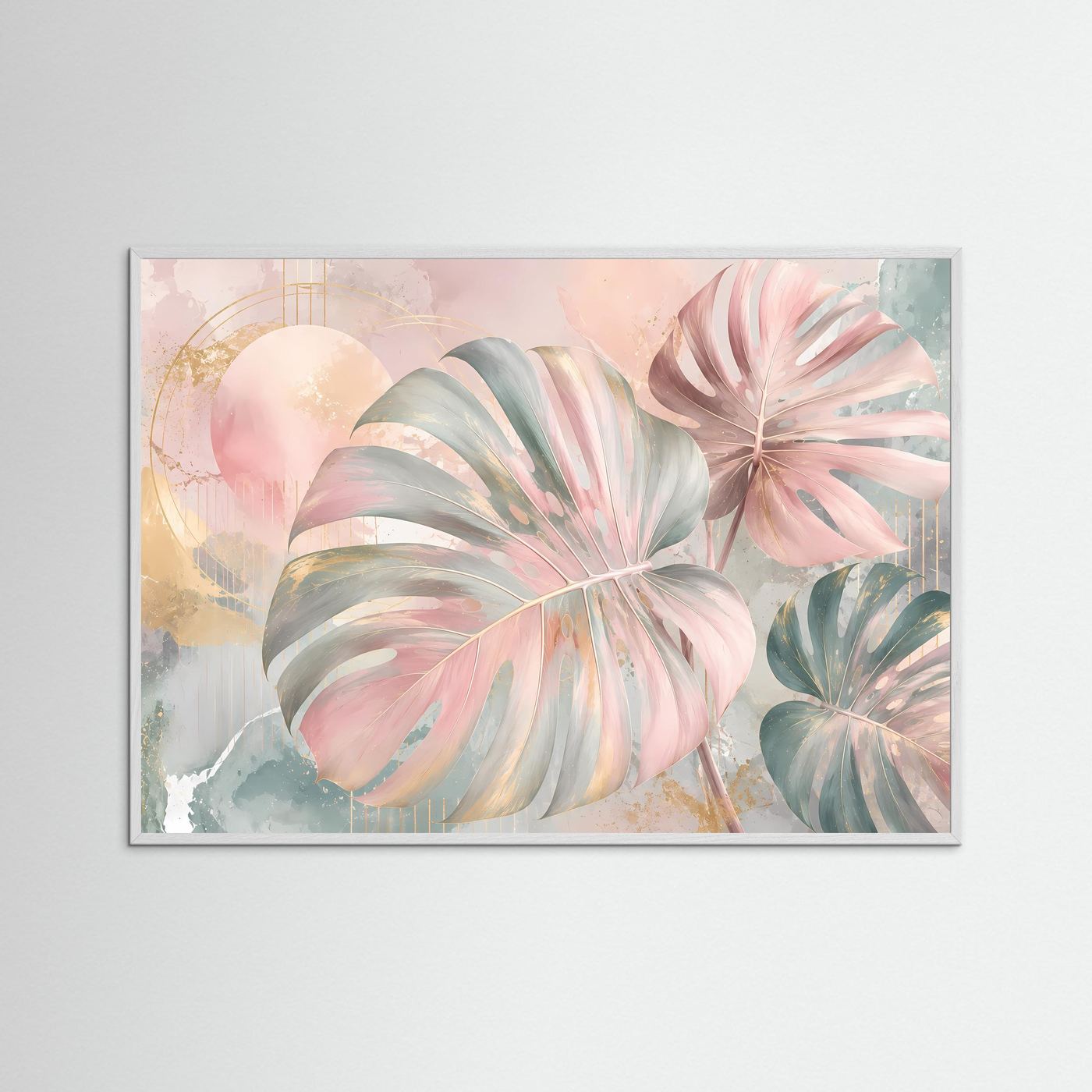 Monstera Blätter Poster Querformat | Tropische Wandkunst Pastell Rosa Gold | Moderne Botanische Kunst