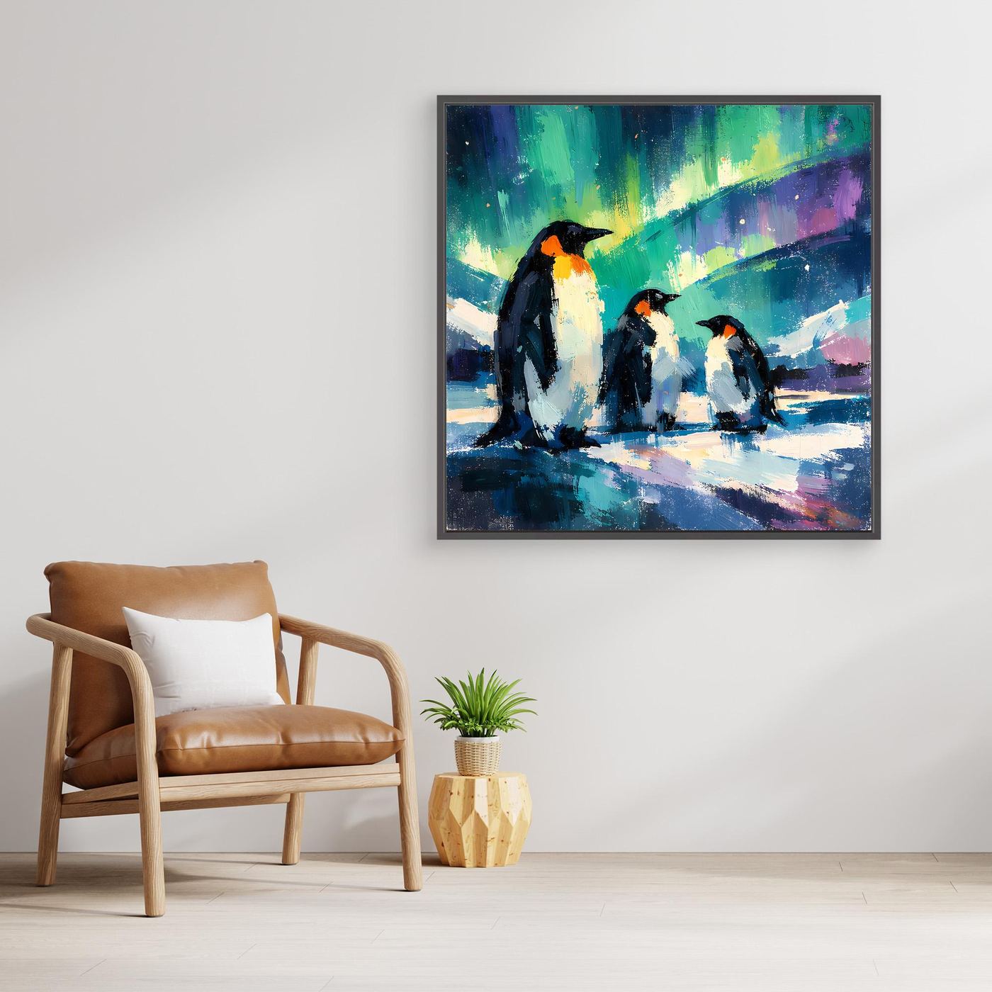 Leinwand Majestätische Pinguine unter Polarlichtern | Abstraktes Antarktis & Nordlicht Wandbild