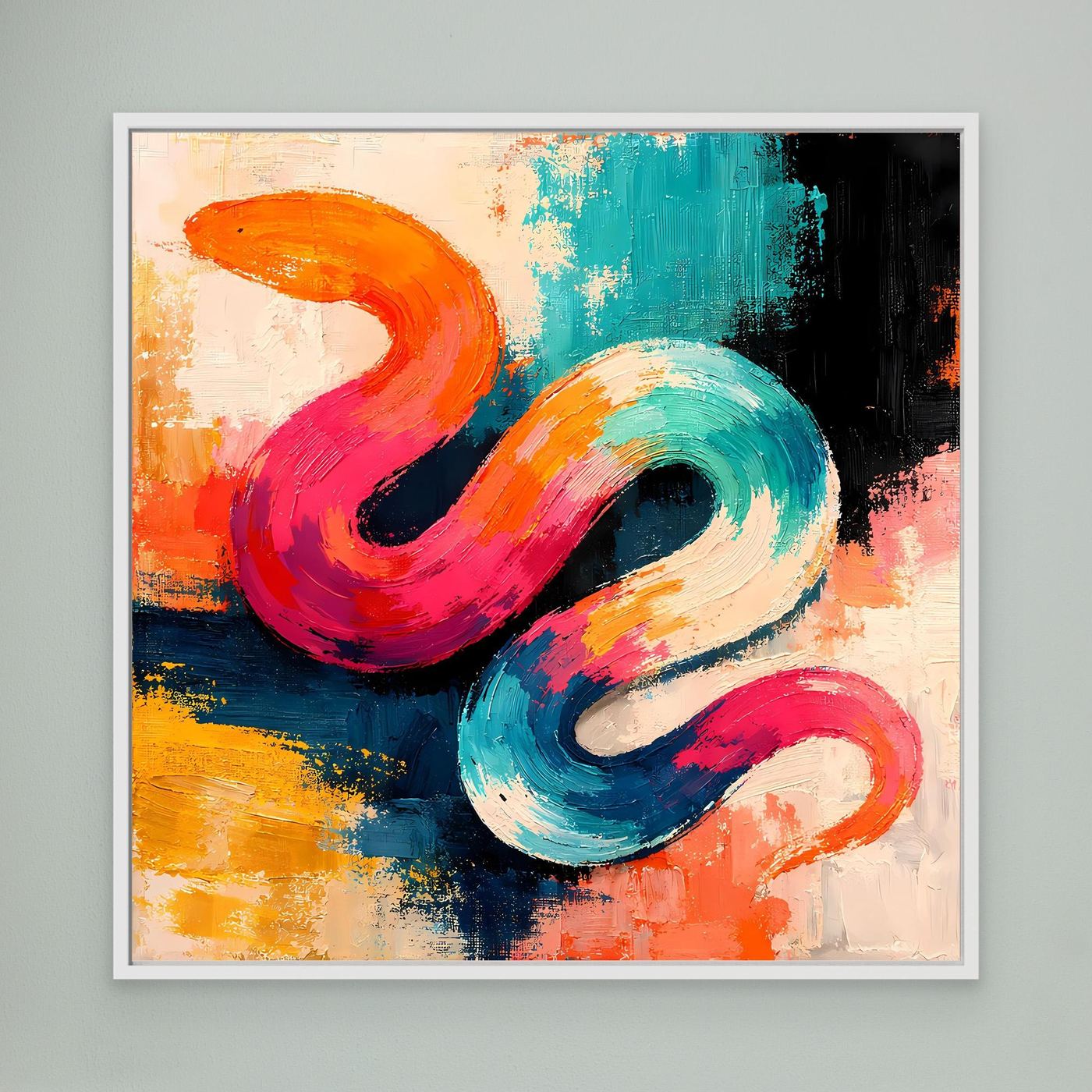 Leinwandbild mit abstrakter Schlange im Pop-Art-Stil, farbige Pinselstriche, weißer Rahmen