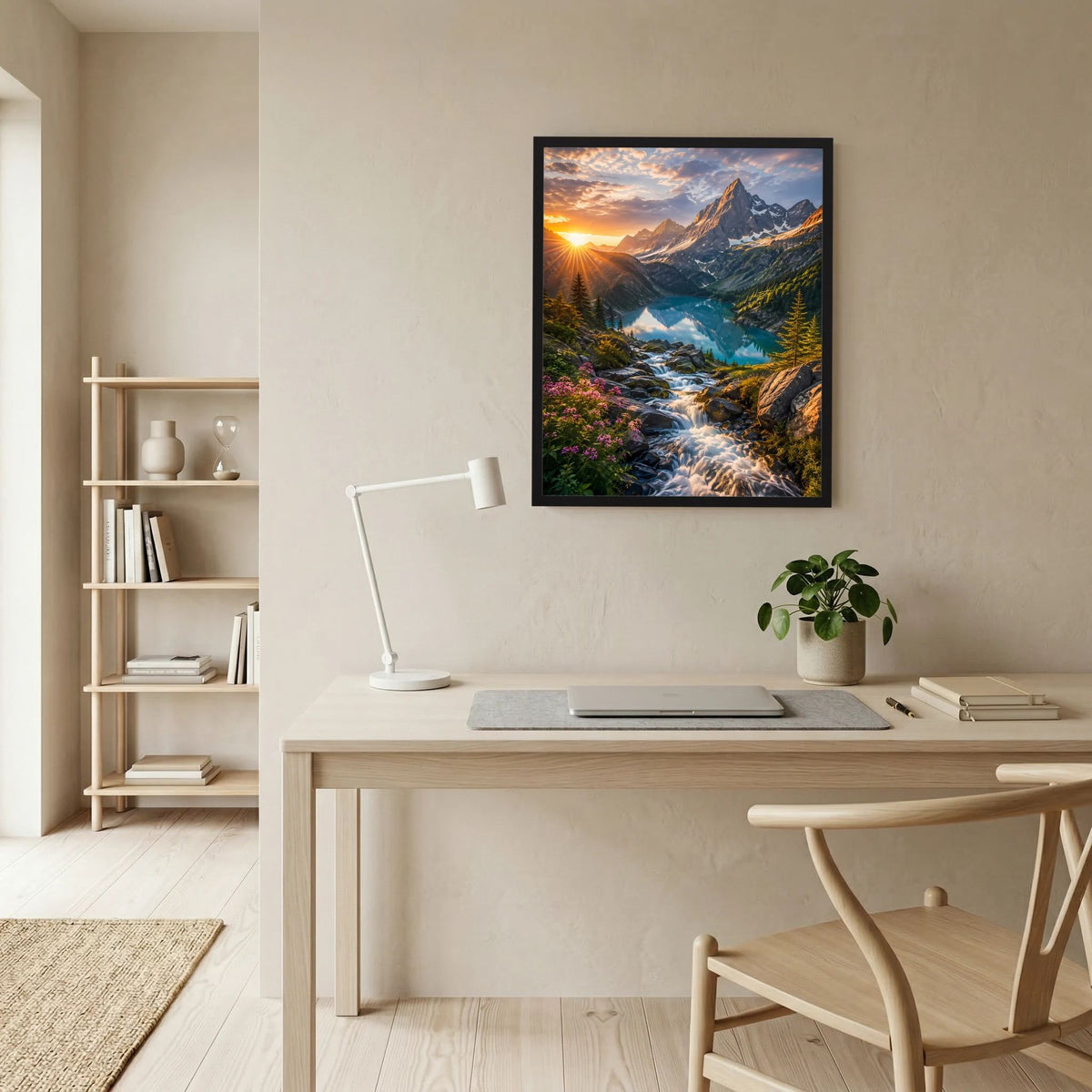 Gerahmtes Poster im Hochformat mit Gebirgsbach, türkisfarbenem See und Sonnenaufgang