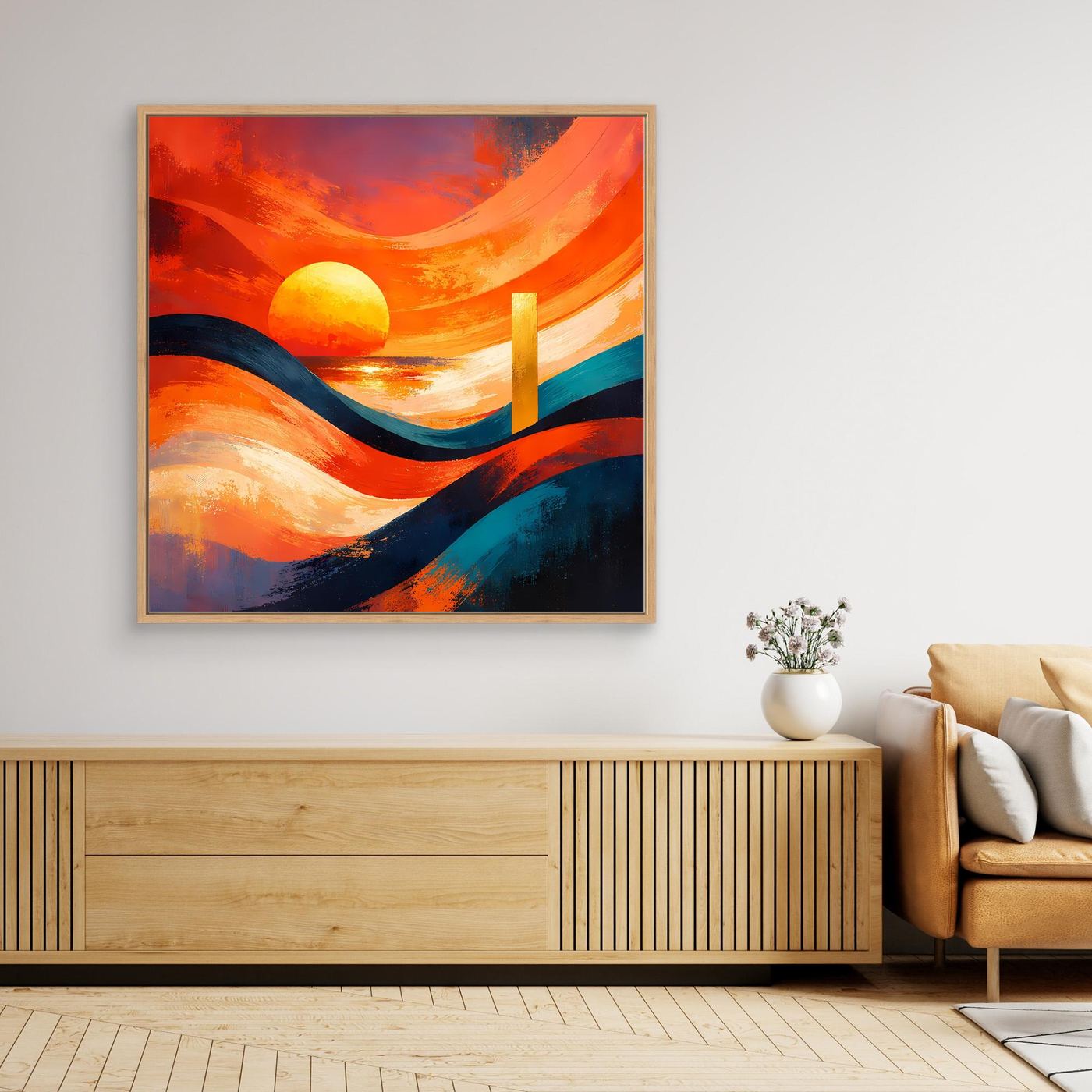 Leinwandbild abstraktes Meer mit orangeblauem Sonnenuntergang und hellem Holzrahmen