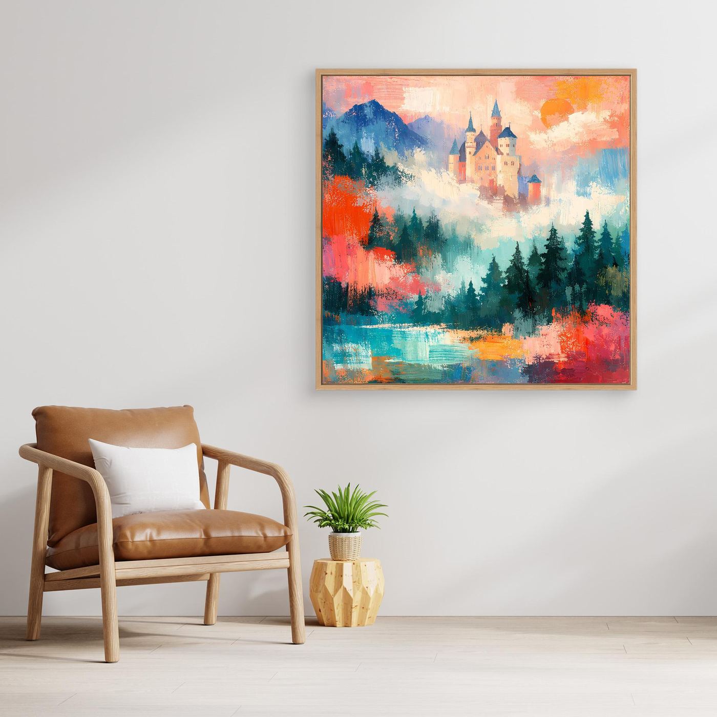 Gerahmtes Leinwandbild mit abstraktem Schlossmotiv in Pastellfarben