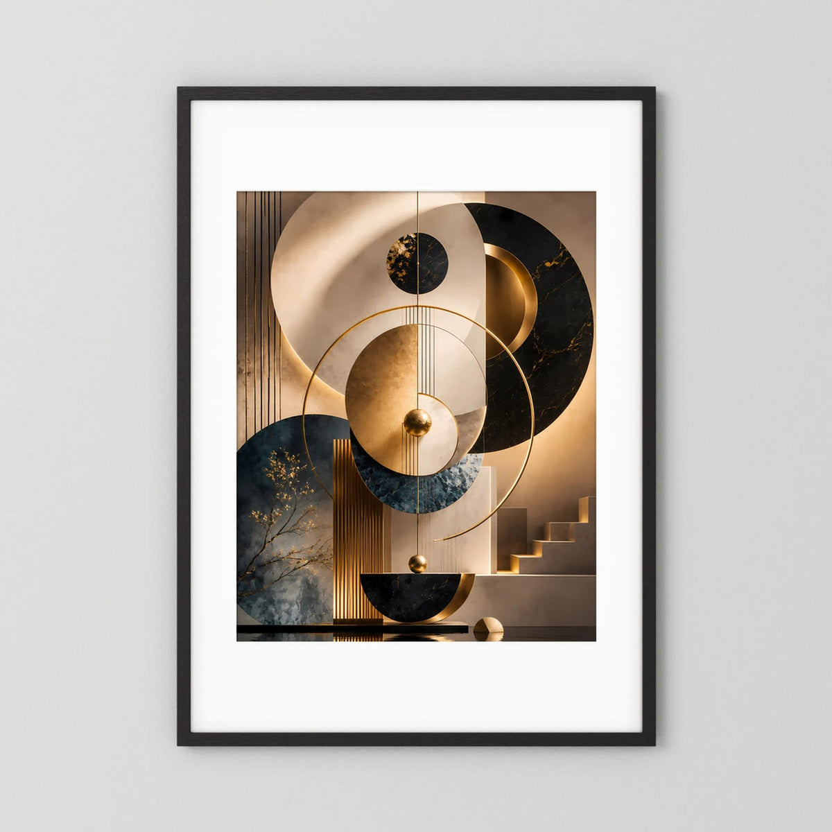 Schwarz gerahmtes Poster mit abstrakten Kreisen in Gold, Schwarz, Beige & Petrol, Hochformat.