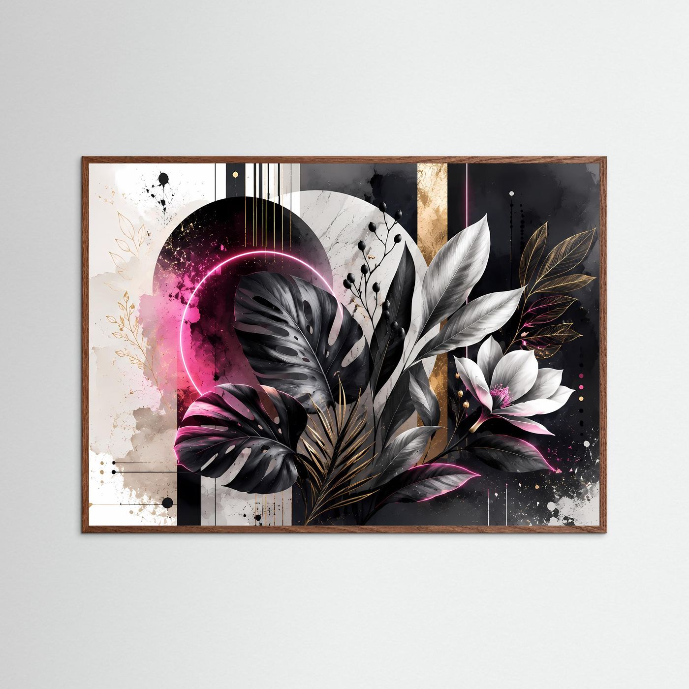 Abstrakte Botanik in Schwarz, Weiß & Pink | Monstera mit Neon & Gold – Moderne Wandkunst