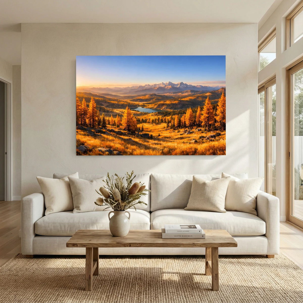 Wandbild im Querformat: Goldenes Bergtal im Herbst mit Fluss, Baumreihen und Alpenpanorama