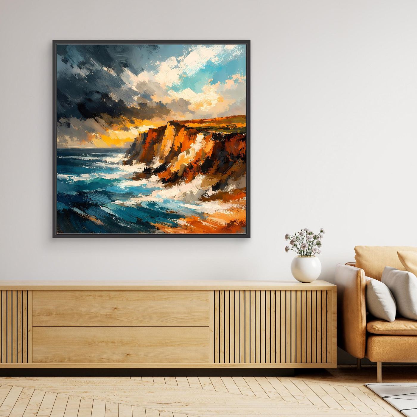 Premium Leinwand Dramatische Steilküste am Ozean | Abstraktes Klippen Wandbild stürmisch