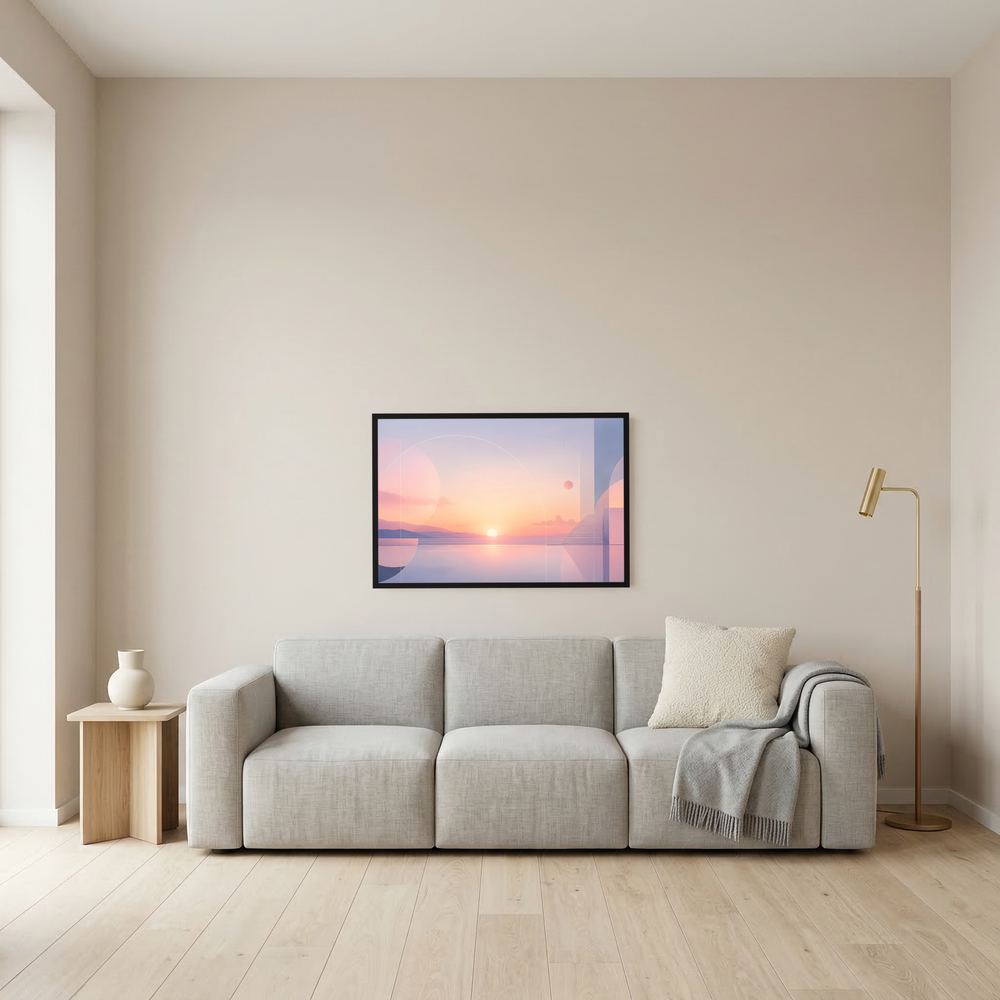 Kleines Querformat-Poster mit Sonnenlandschaft in Rosa und Blau, schwarzer Rahmen