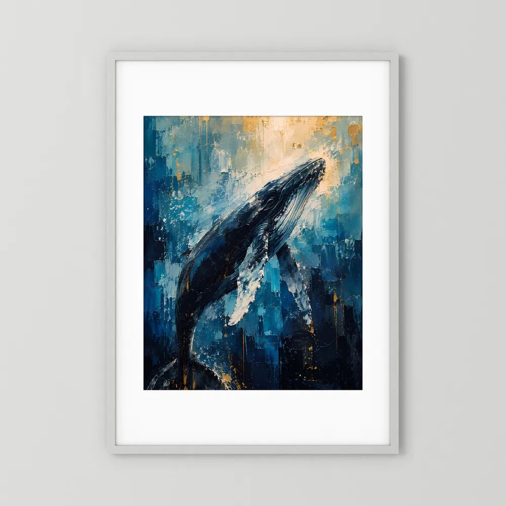 Poster im Hochformat mit Buckelwal in Blau und Gold, abstrakt, mit weißem Rahmen.