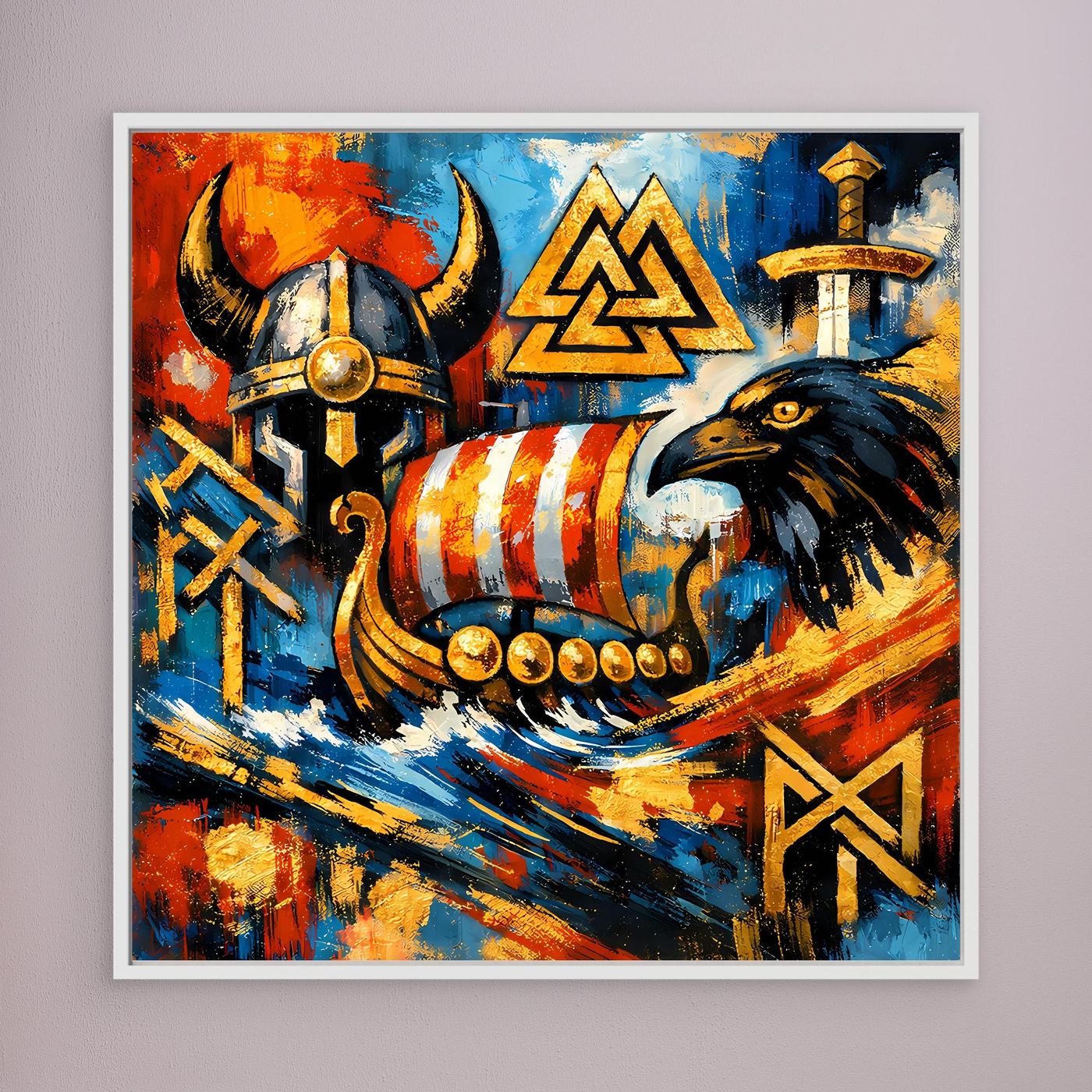 Leinwandbild mit Wikingerhelm und Rabenmotiv, rot-blau abstrakt, weiß gerahmt