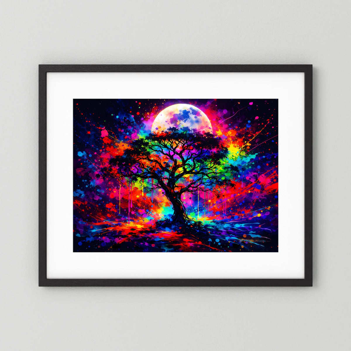 Poster mit schwarzem Rahmen und Passepartout: Lebensbaum unter Vollmond, neonbunt