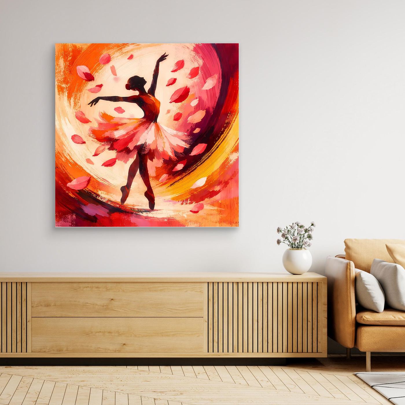 Leinwandbild mit Ballerina-Silhouette, rote Blüten im runden Farbwirbel, quadratisch