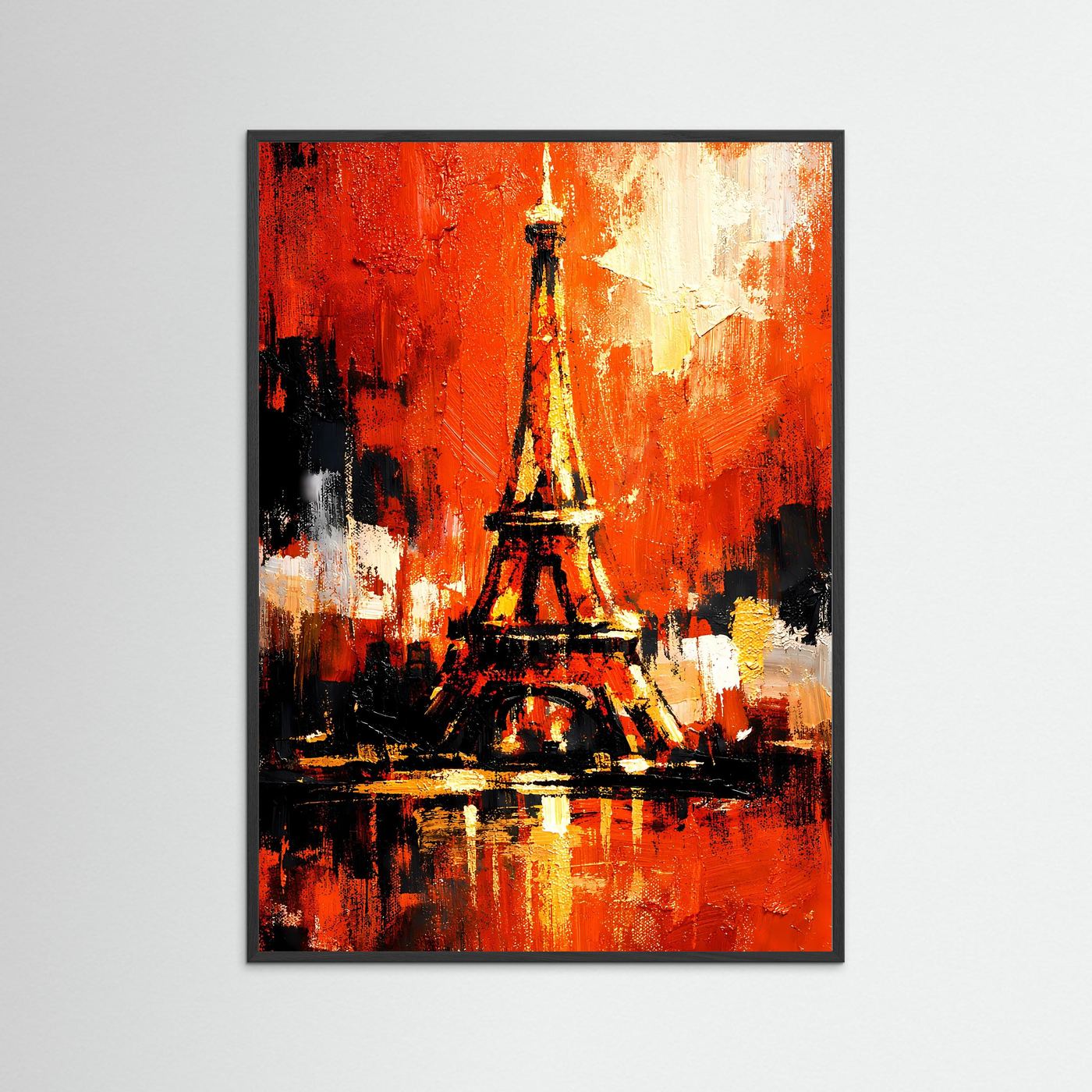 Gerahmtes Kunstposter mit abstraktem Eiffelturm: Abendrot-Töne und goldene Farbpartien