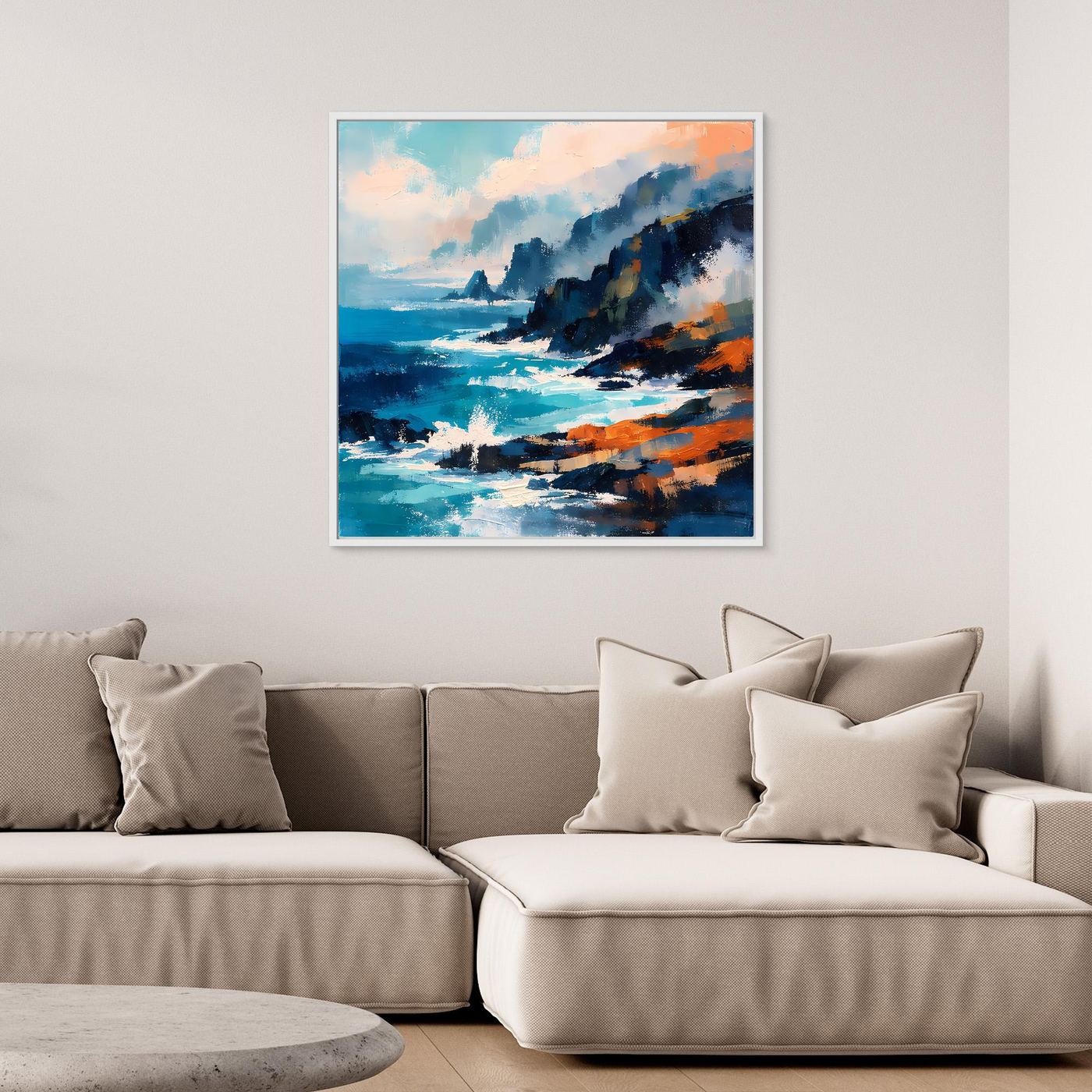 Abstraktes Leinwand-Wandbild mit Küstenfelsen und Meer, weißer Rahmen