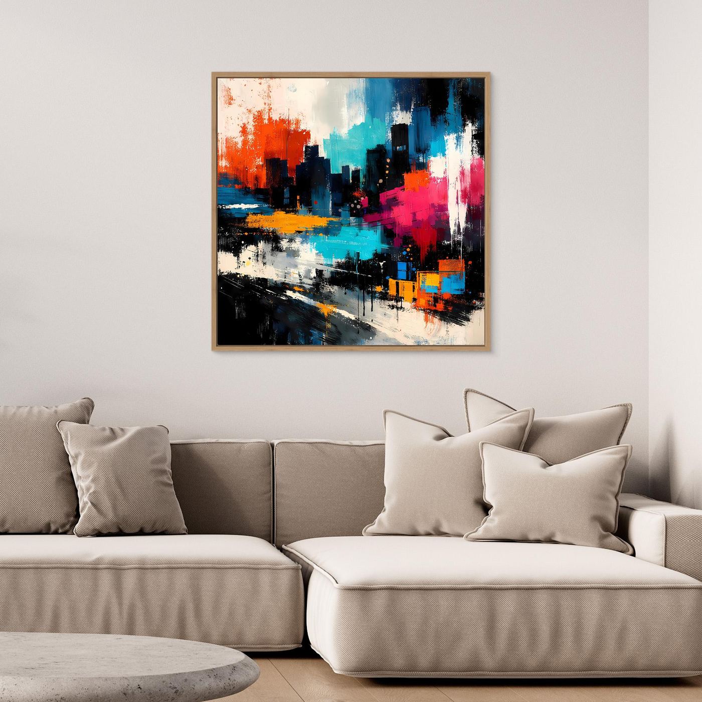 Abstract city skyline wall art with colorful red, blue, and black paint strokes, framed