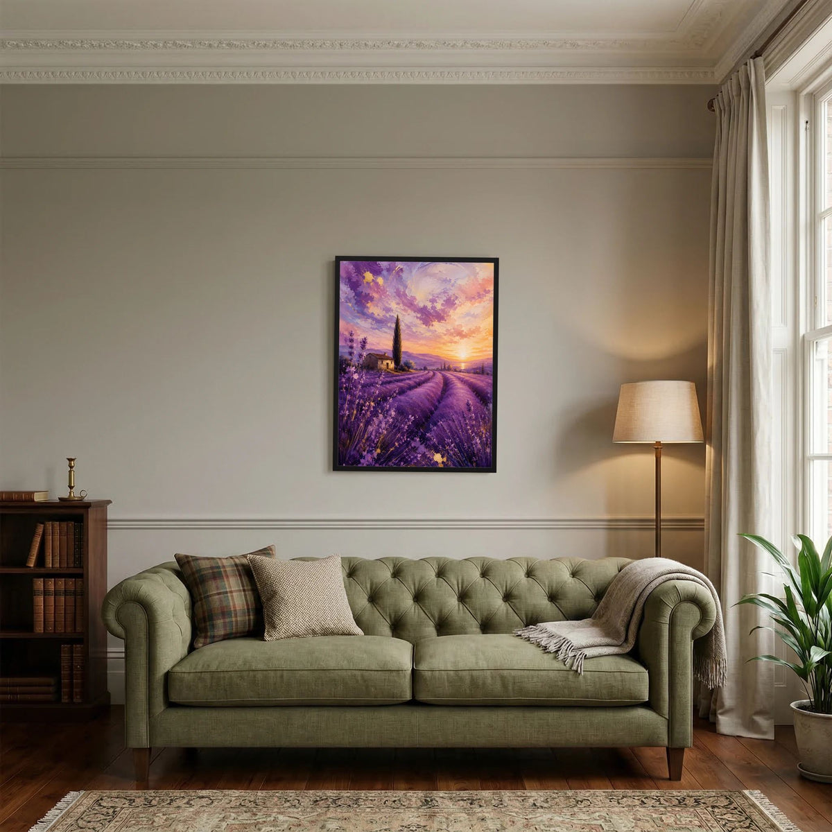 Gerahmtes Hochformat-Poster: lila Lavendelreihe, Kirchturm im Sonnenuntergang