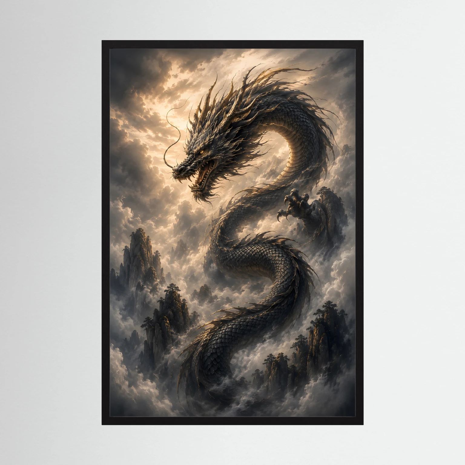 Drachenposter mit schwarzem Drachen und Wolkenbergen im Hochformat, schwarzer Rahmen