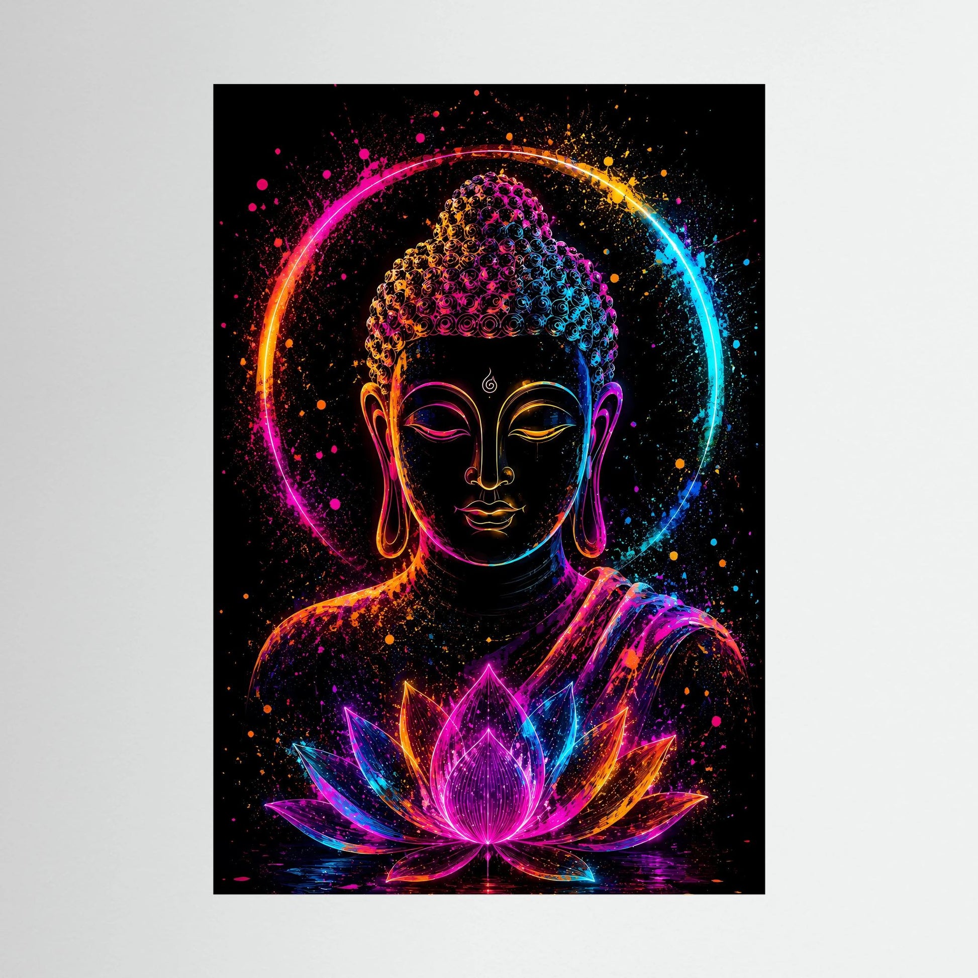 Neon-Buddha-Poster mit Lotusblüte, Regenbogen-Lichthalo auf dunklem Hintergrund