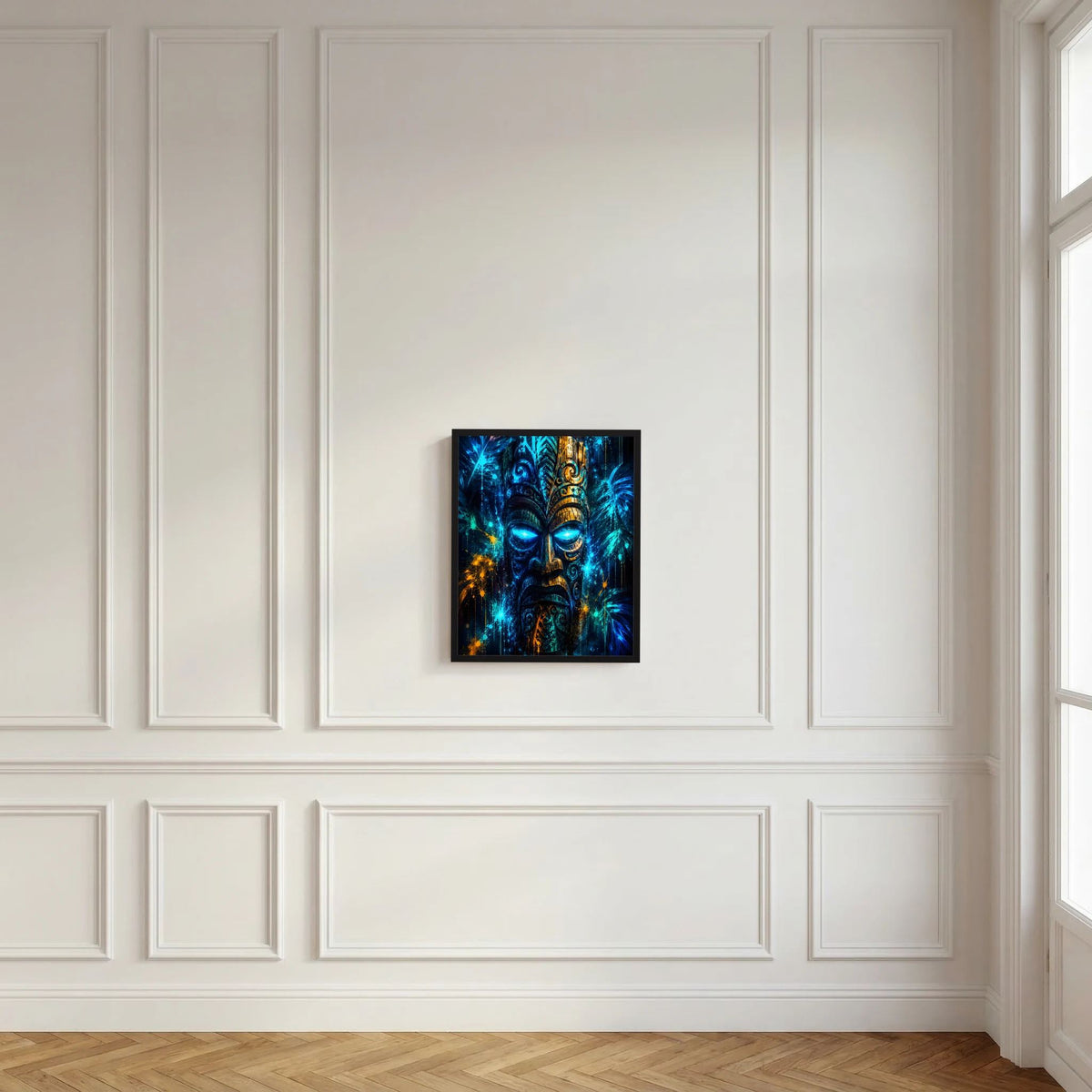 Gerahmtes Hochformat-Kunstposter mit Tiki-Maske in Blau, Türkis und Goldtönen