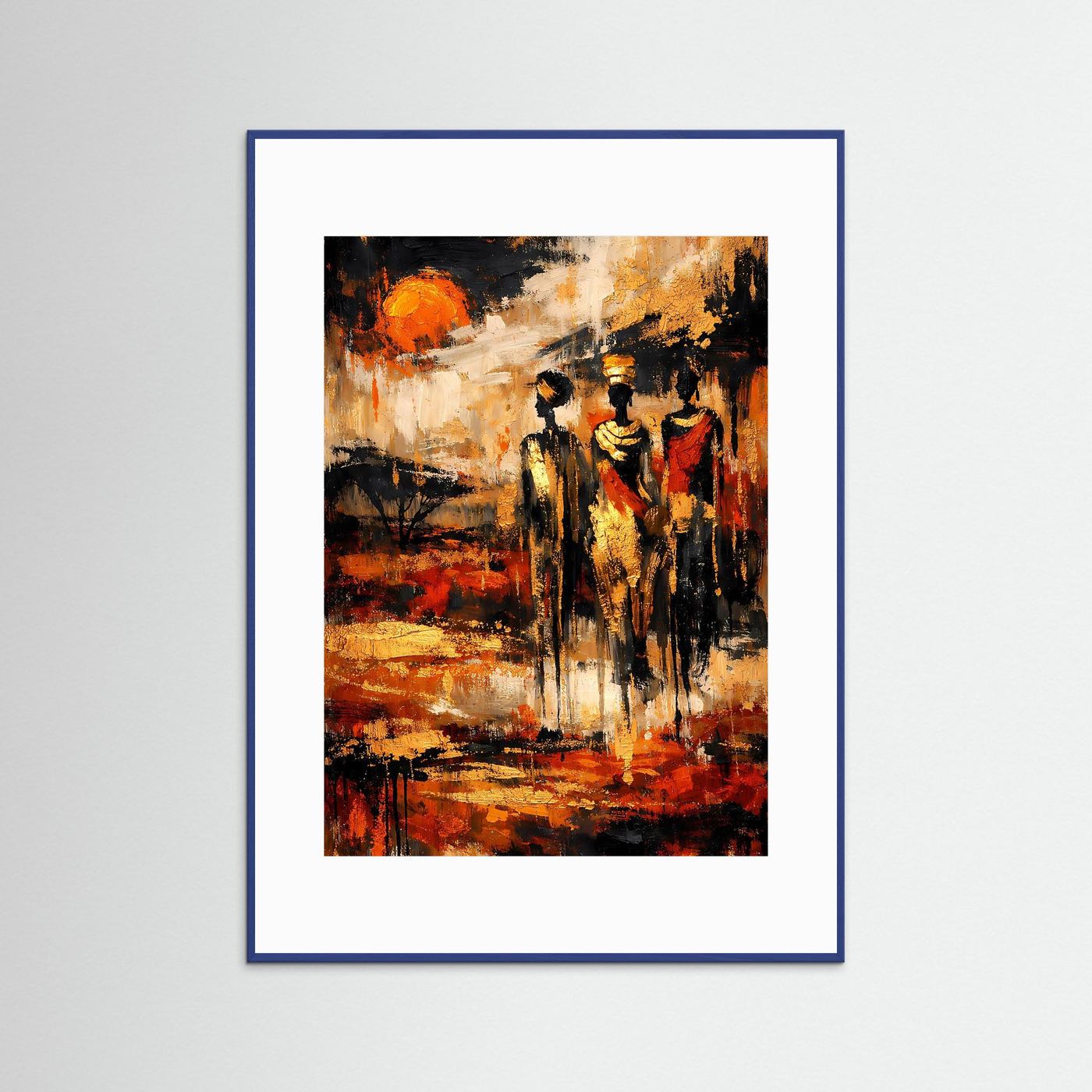 Kunstposter mit abstrakter Ethno-Figurenszene, orange/rot-schwarz, blauer Holzrahmen