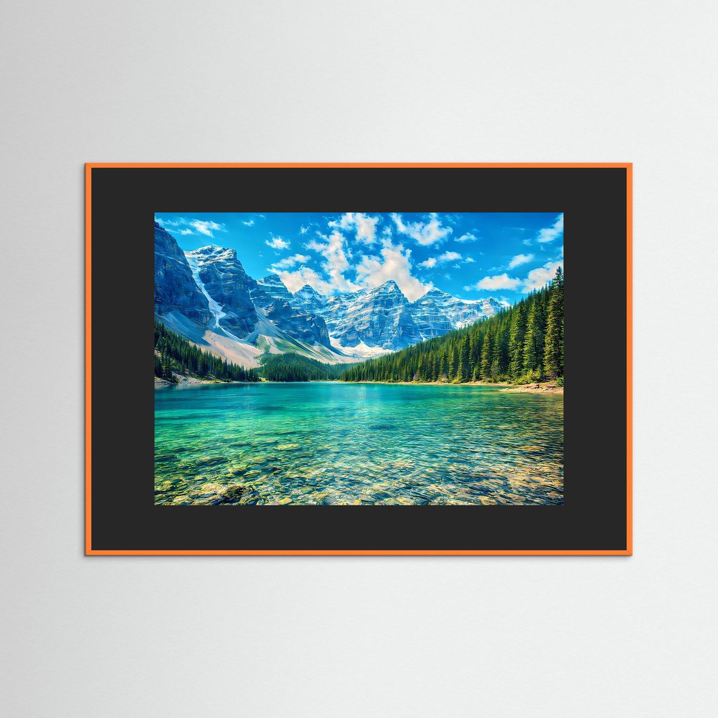 Landschafts-Wandbild mit türkisblauem See und Bergen, schwarzer Holzrahmen
