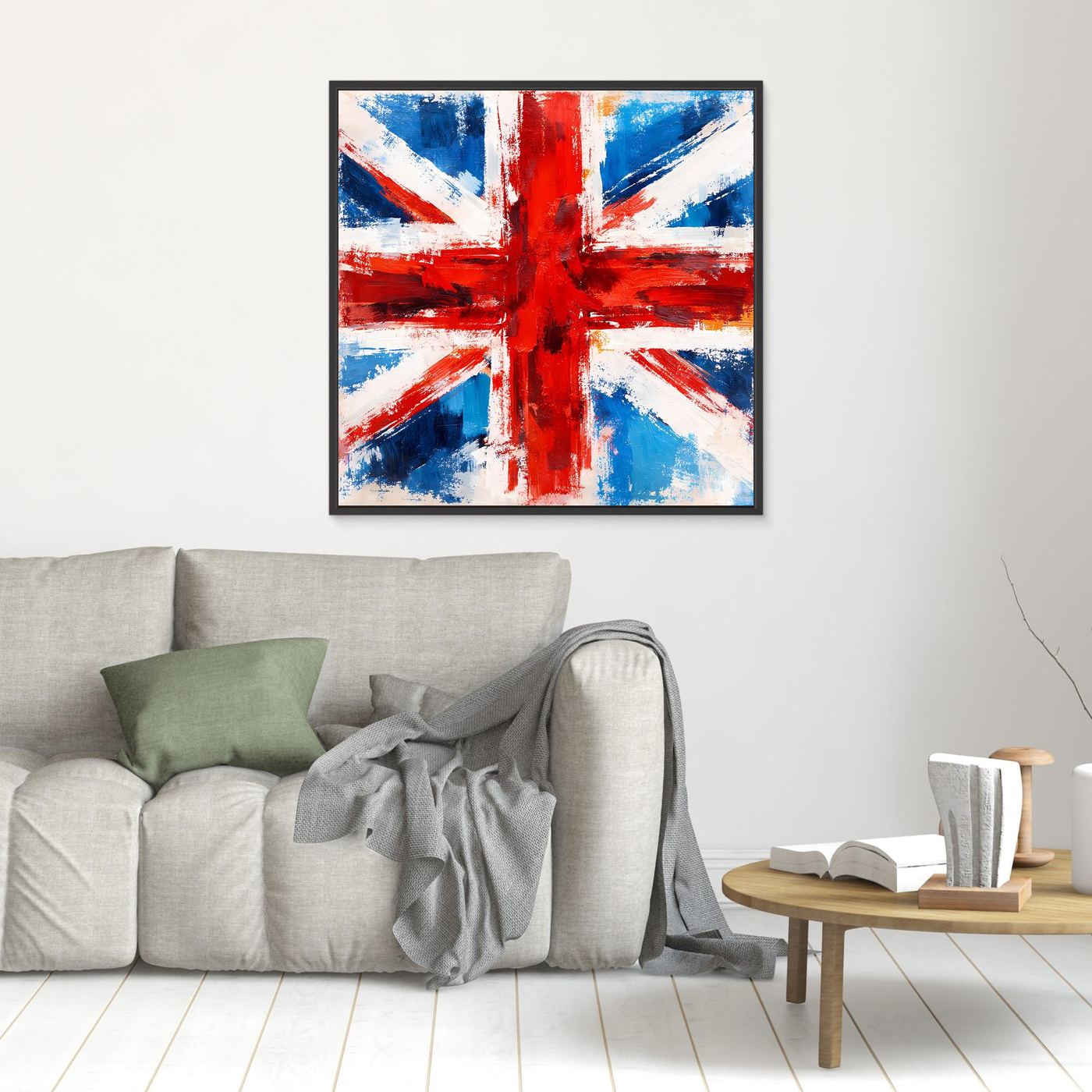 Abstract Union Jack canvas wall art with black frame, red center cross with blue paint accents