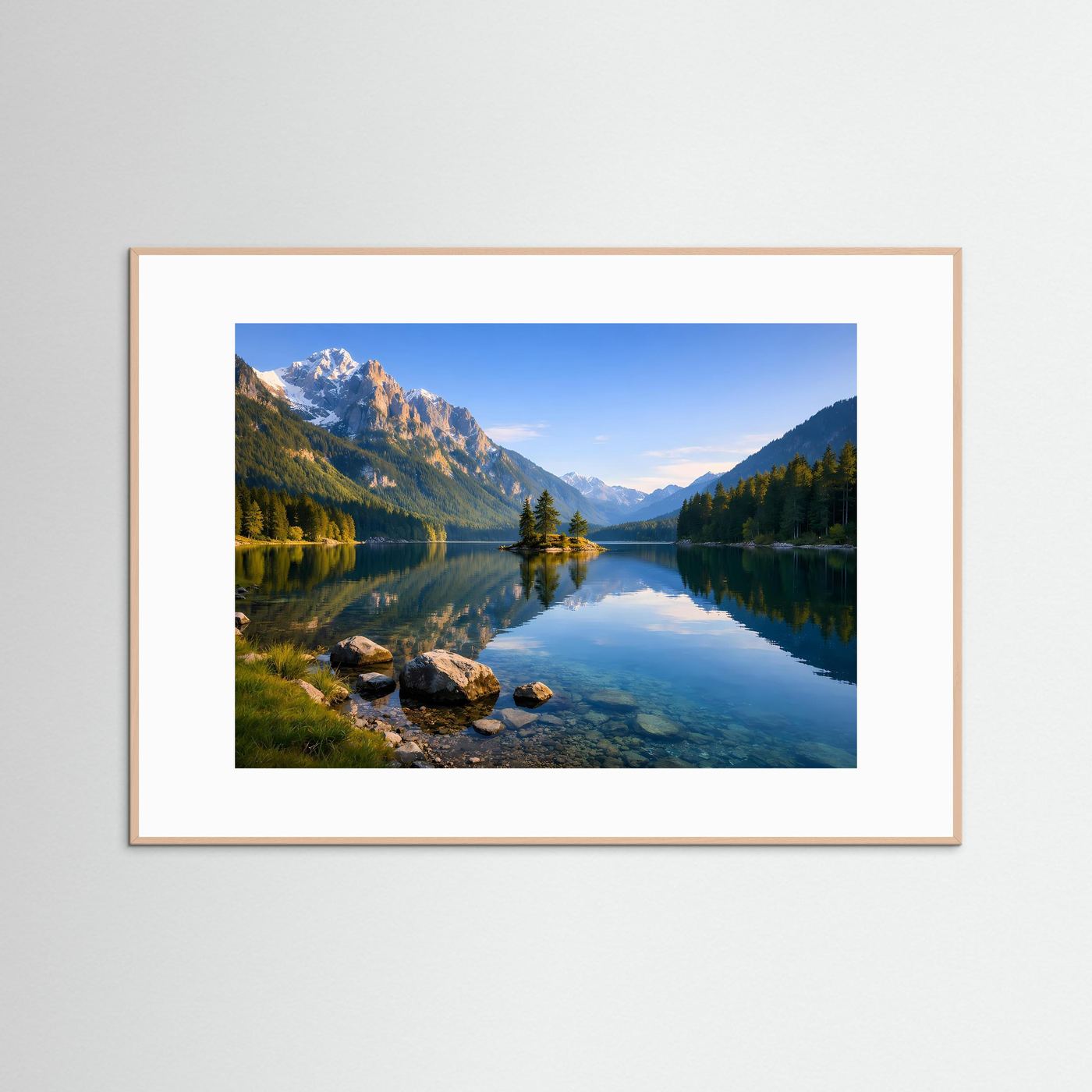 Panoramawandbild mit See und Bergen im hellen Holzrahmen