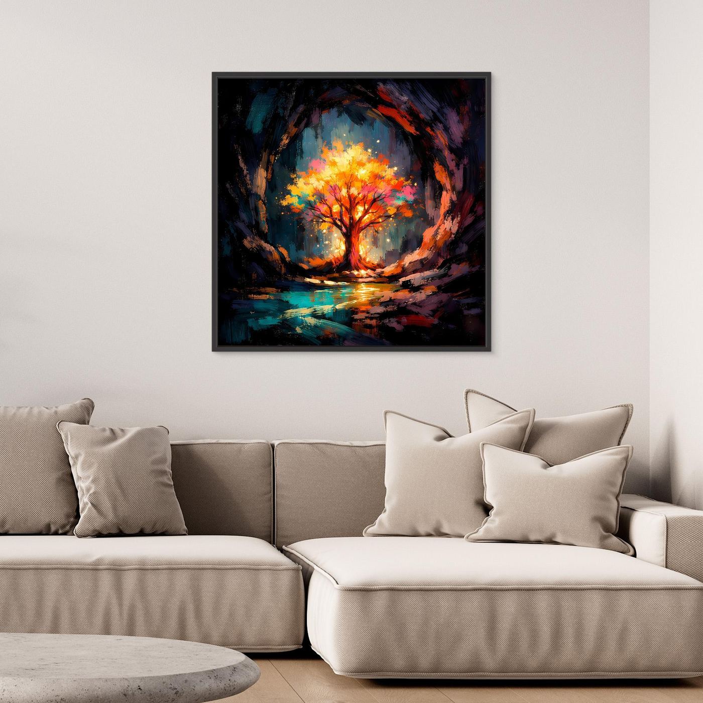 Abstract life tree canvas painting with bright autumn glow, black frame