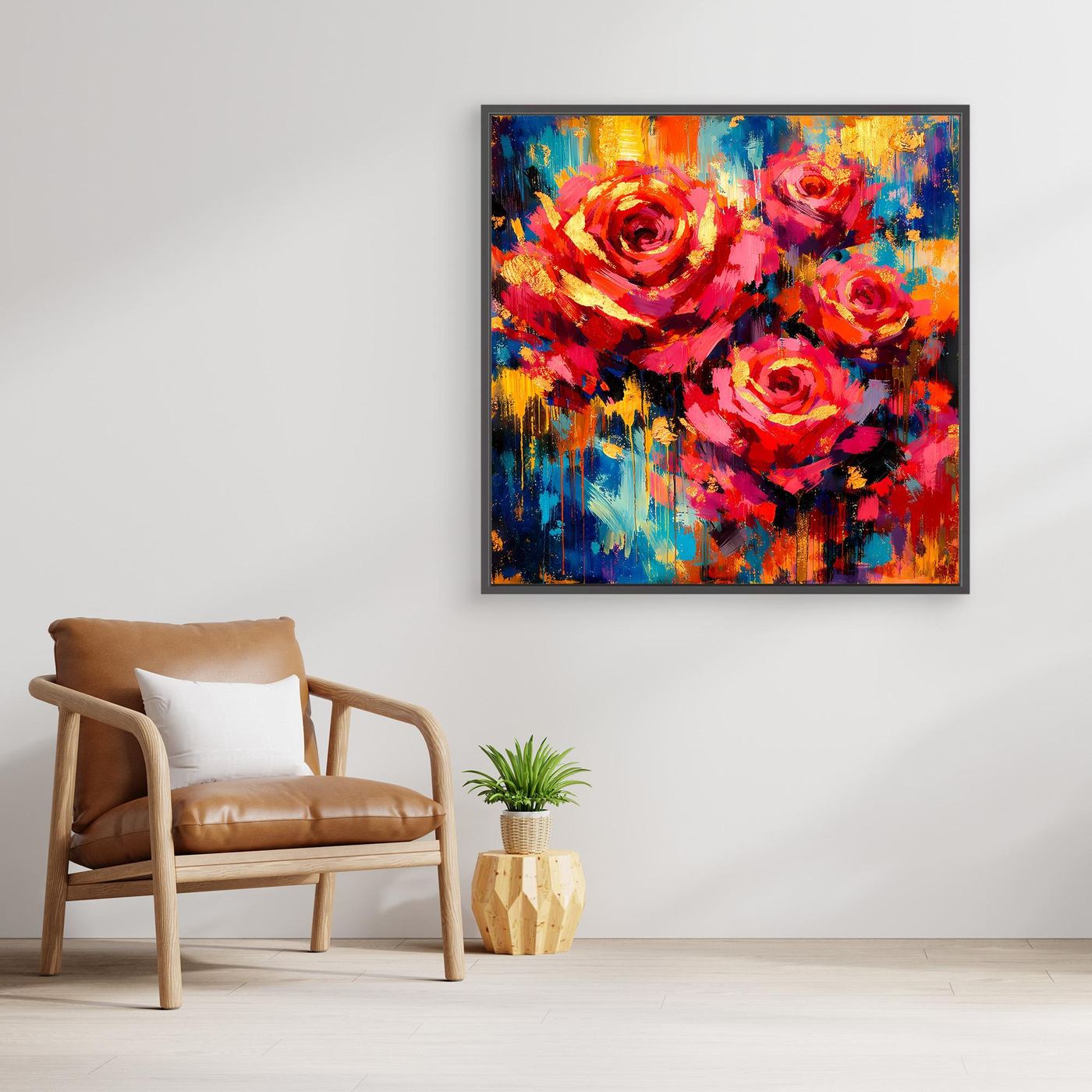 Leinwandbild mit abstrakten Rosen in kräftigem Rot und Blau, Holzrahmen