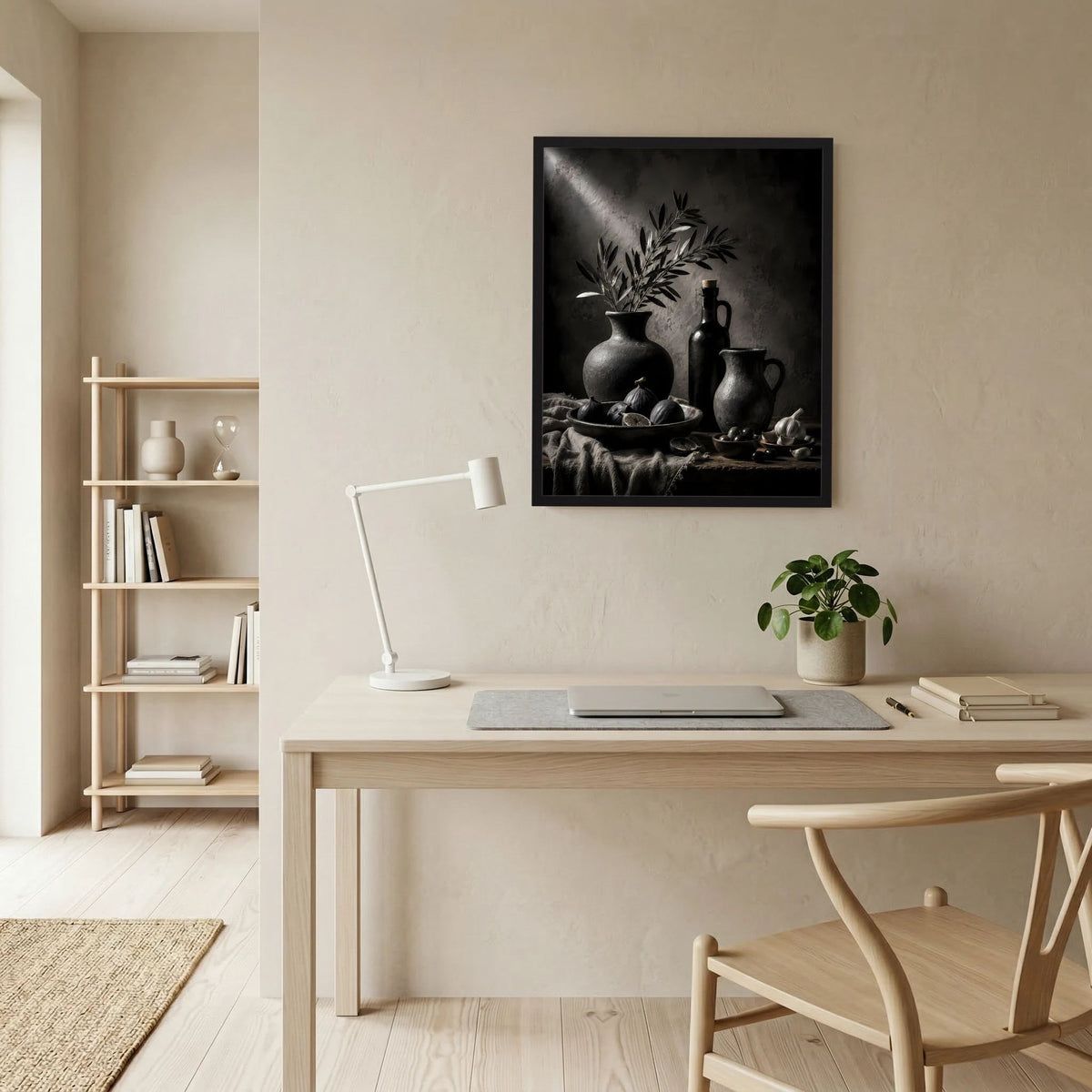Poster im schwarzen Rahmen an der Wand: Stillleben mit Olivenzweigen und dunkler Keramik