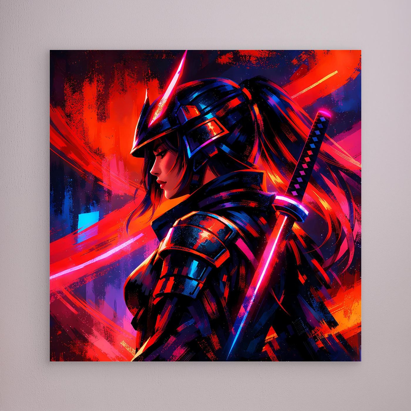 Leinwandbild: Samurai-Kriegerin in Neon-Rot und Blau, kantige Rüstung und Schwert.