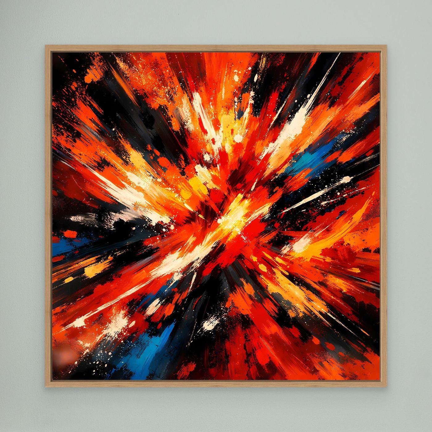 Abstraktes Leinwandbild mit Farbexplosion in Rot, Orange, Schwarz und Blau, Eichenrahmen