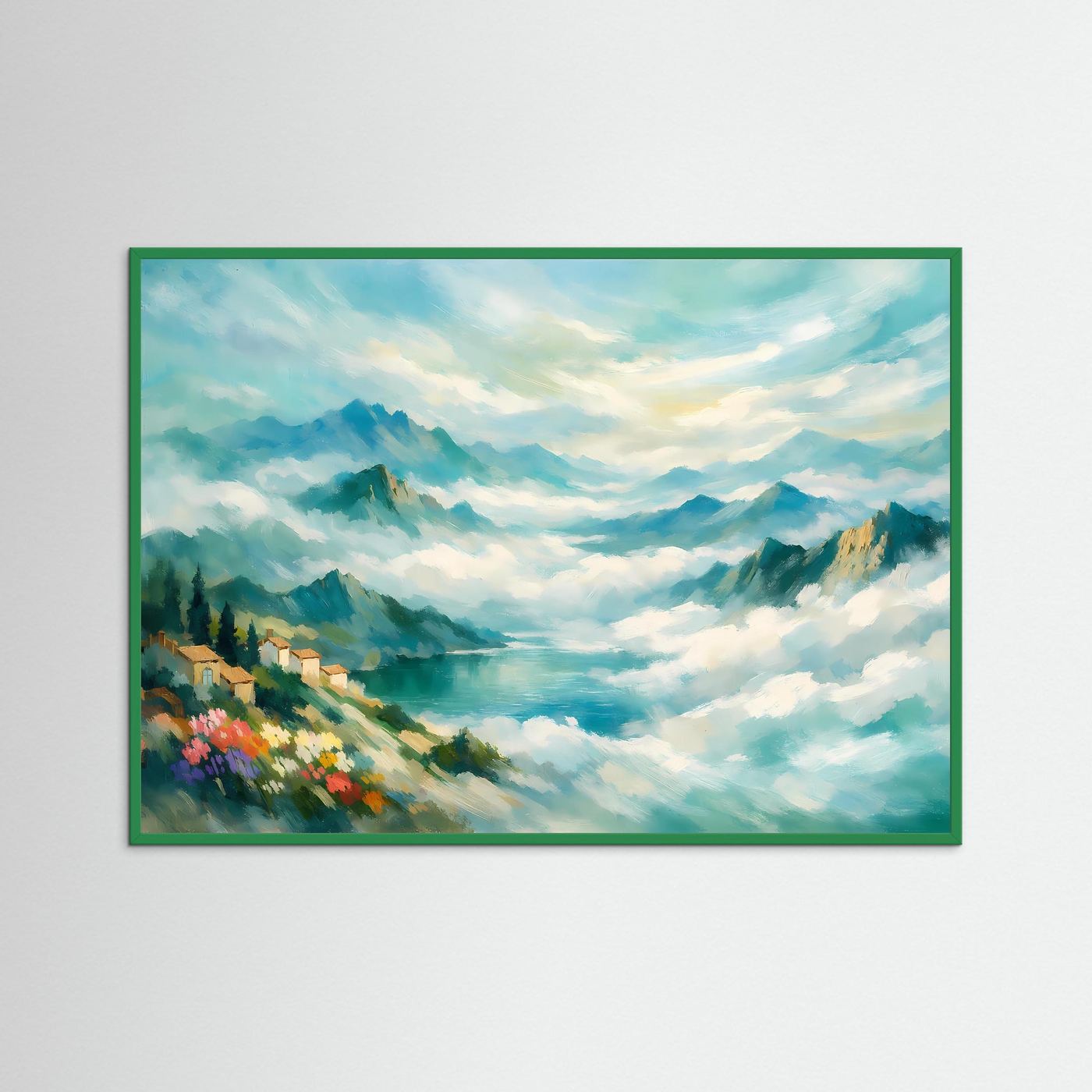 Wandbild mit Landschaftsgemälde von Bergen im Nebel, grüner Holzrahmen