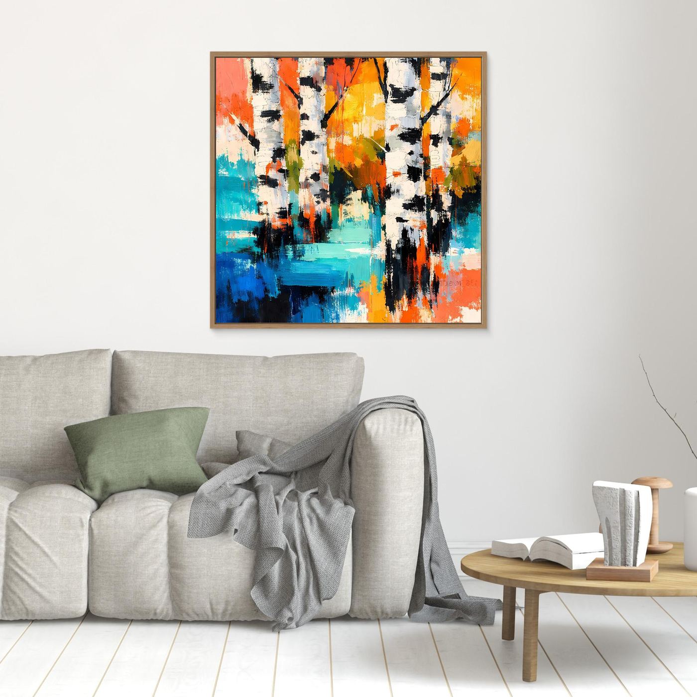 Abstract birch forest canvas wall art, colorful vertical strokes, brown oak frame