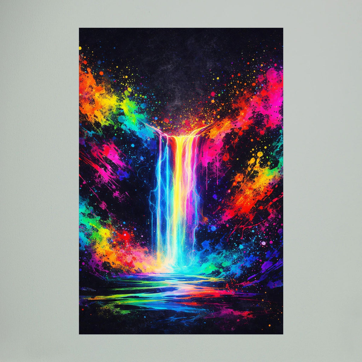 Hochformatiges Wandbild mit Neon-Wasserfall-Abstrakt, Farbexplosion mit blauem Wasserfall und Regenbogen