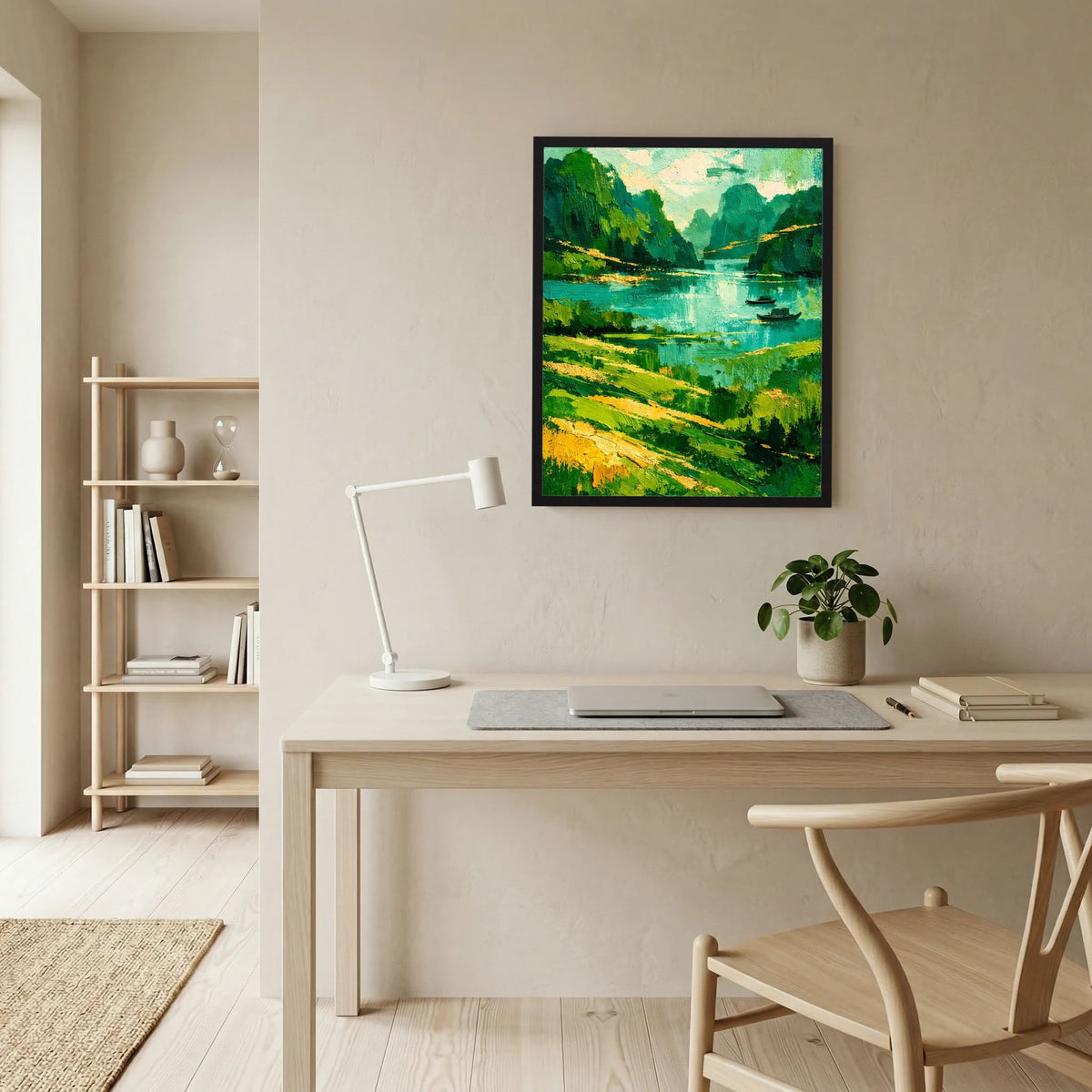 Abstraktes grünes Flusslandschaft-Poster mit Booten, schwarzer Rahmen