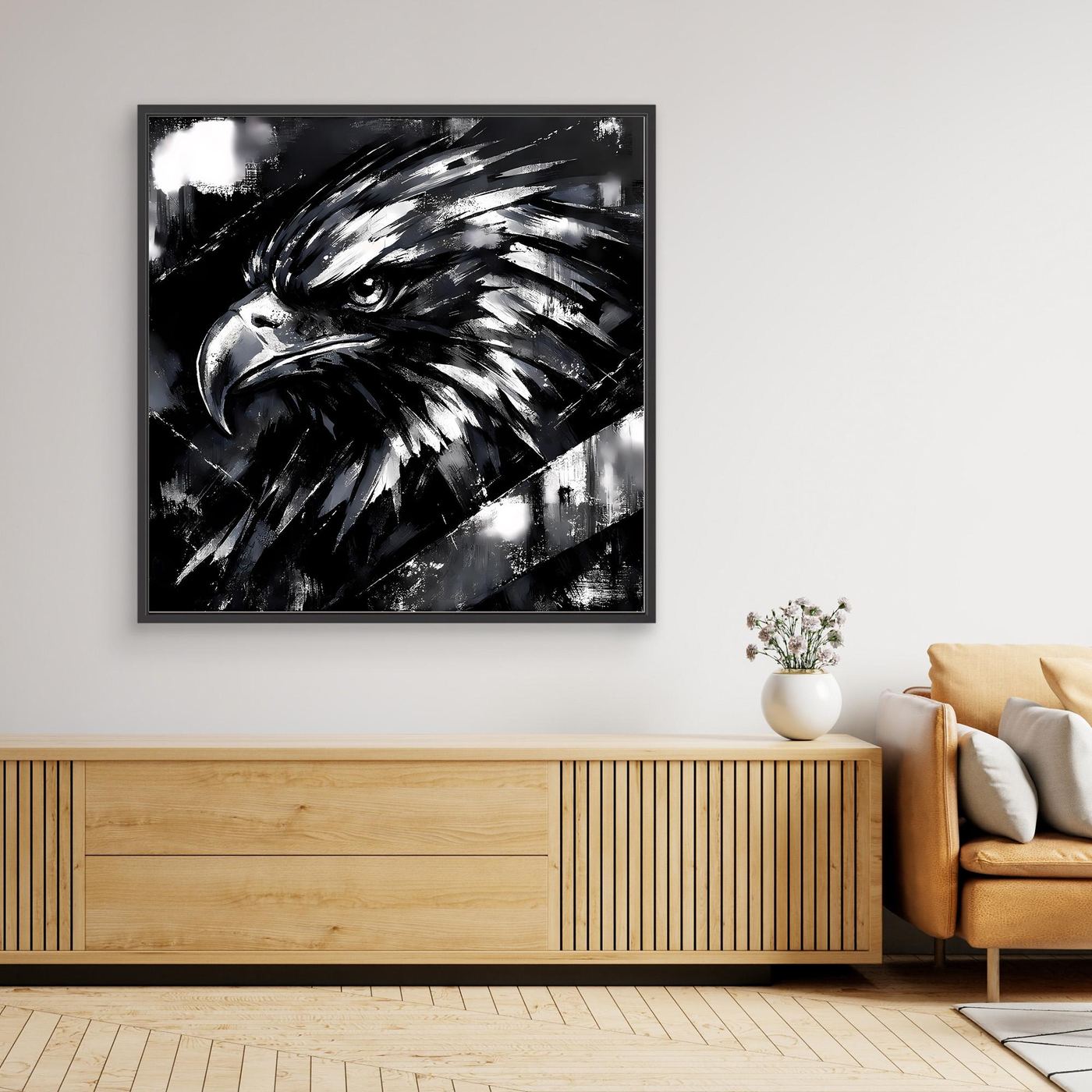 Schwarz-weißes Adlerkopf-Wandbild auf Leinwand im schwarzen Rahmen