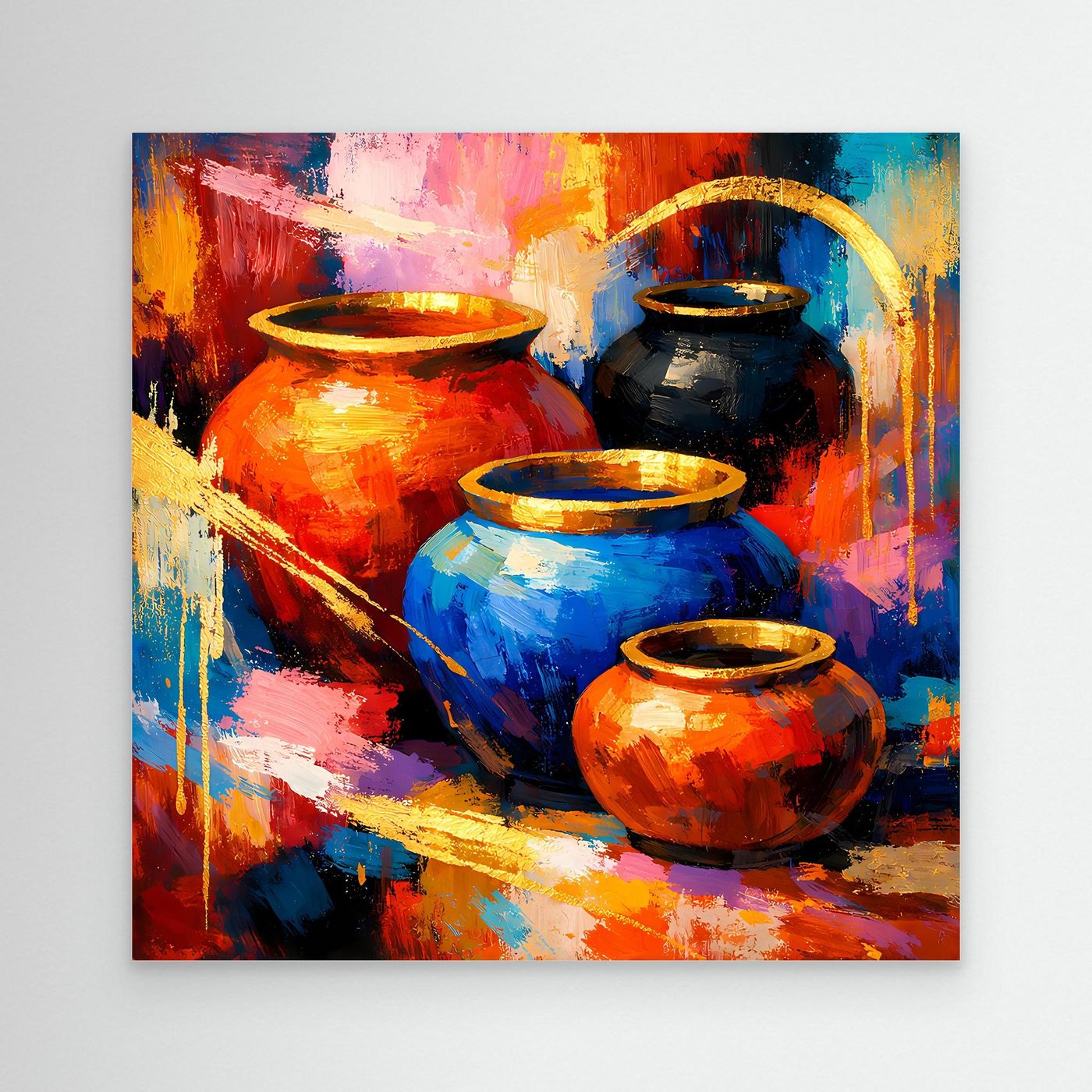 Leinwandbild mit abstraktem Stillleben: Keramikvasen in Orange, Blau und Rot.