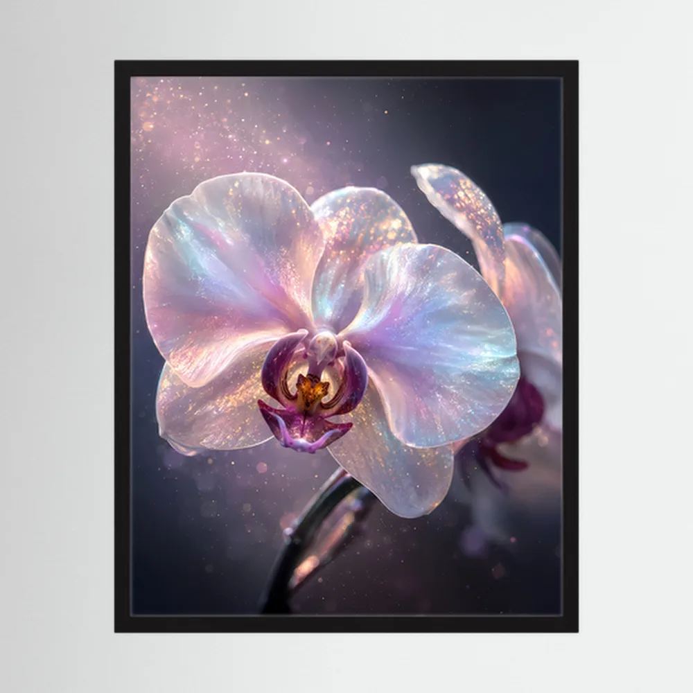Gerahmtes Poster mit pastell schimmernder Orchideenblüte im schwarzen Rahmen