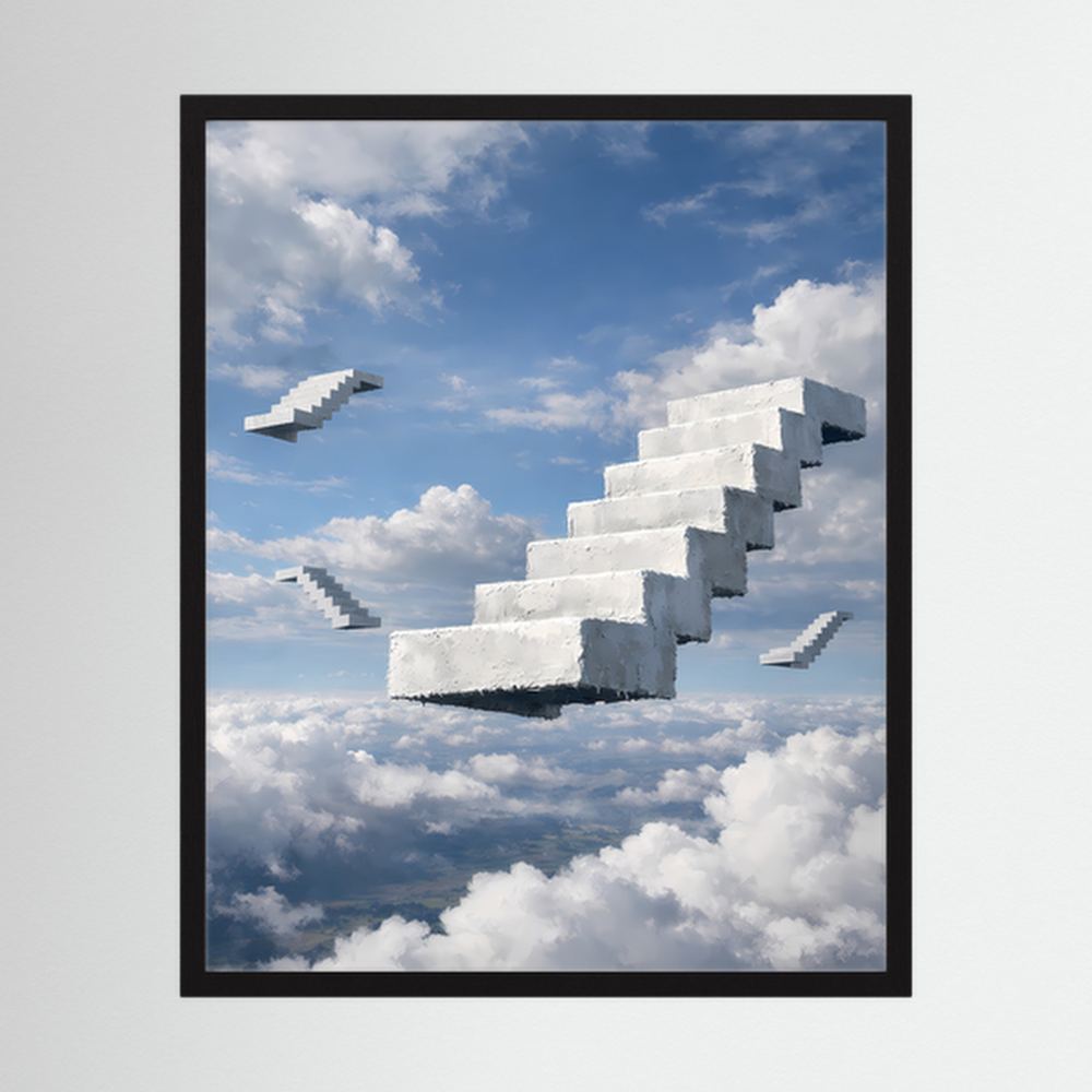 Gerahmtes Poster mit schwebenden weißen Treppen über Wolken, schwarzer Rahmen