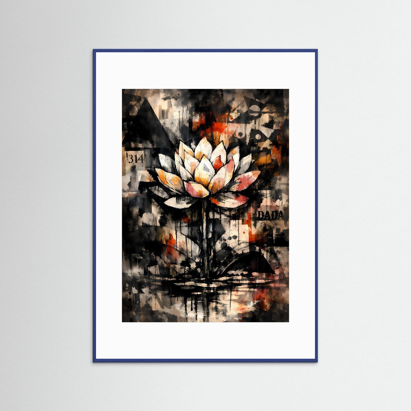 Kunstposter mit abstrakter Lotusblüte in Schwarz, Weiß und Rostorange, blau gerahmt