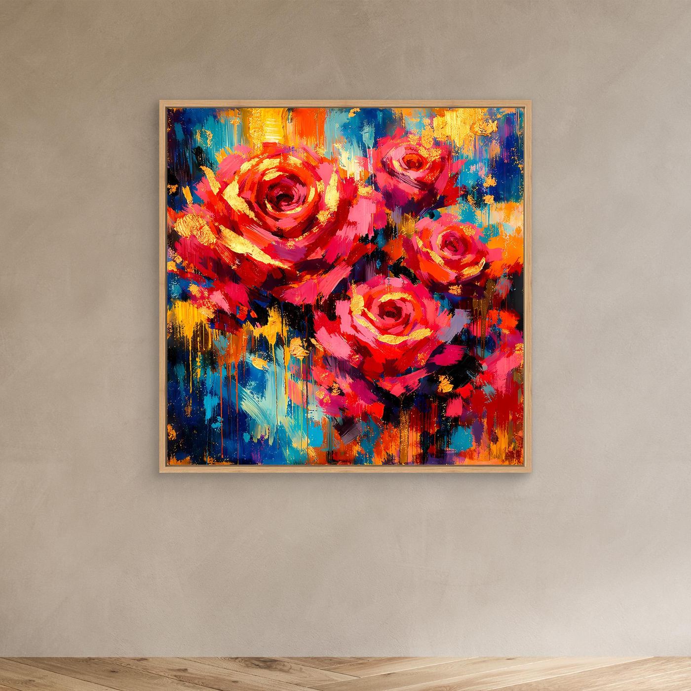 Abstraktes Rosen-Leinwandbild mit Holzrahmen, buntes Pinselstrichmotiv