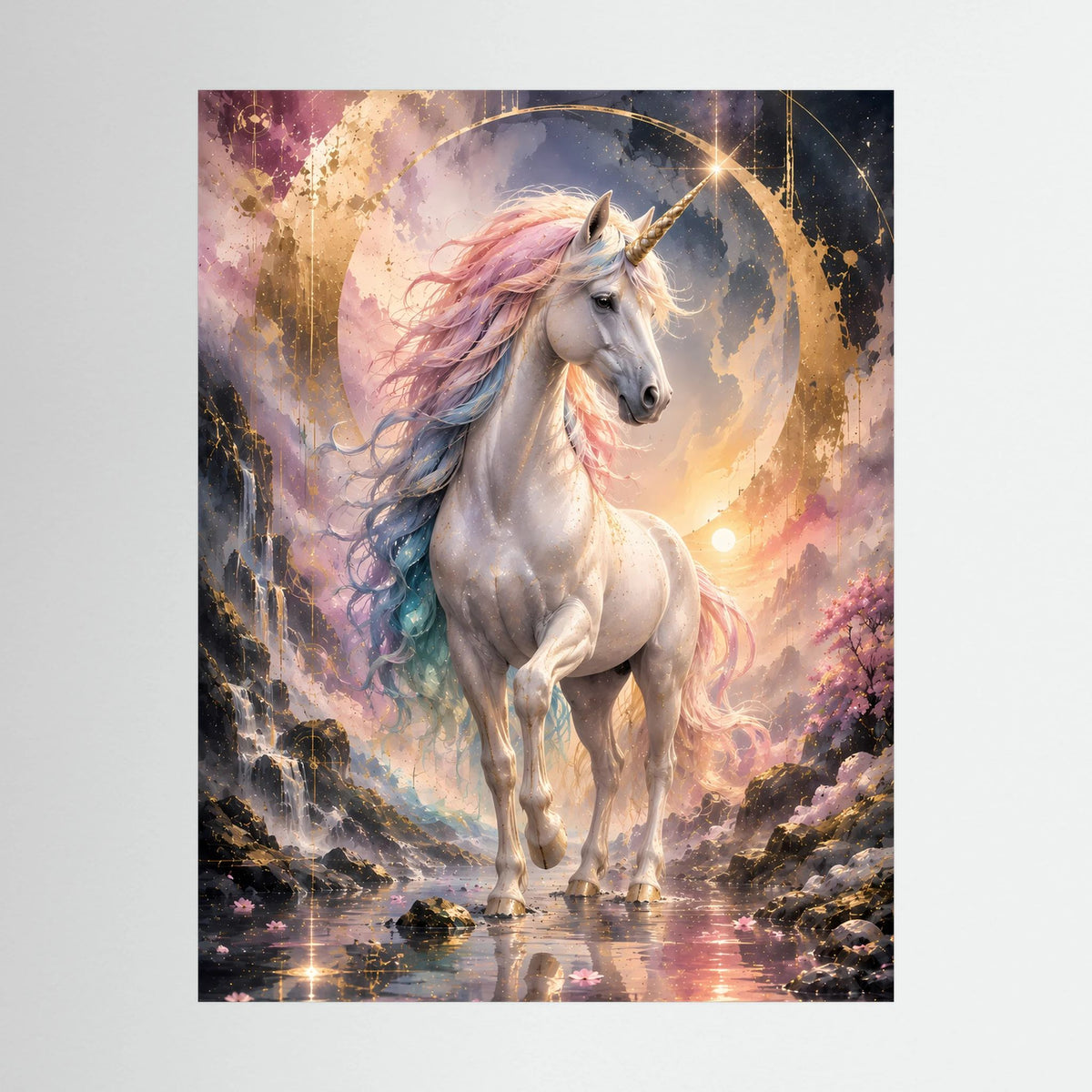 Nahansicht: gerahmtes Poster mit weißem Einhorn, pastellfarbener Mähne, goldener Lichtkreis
