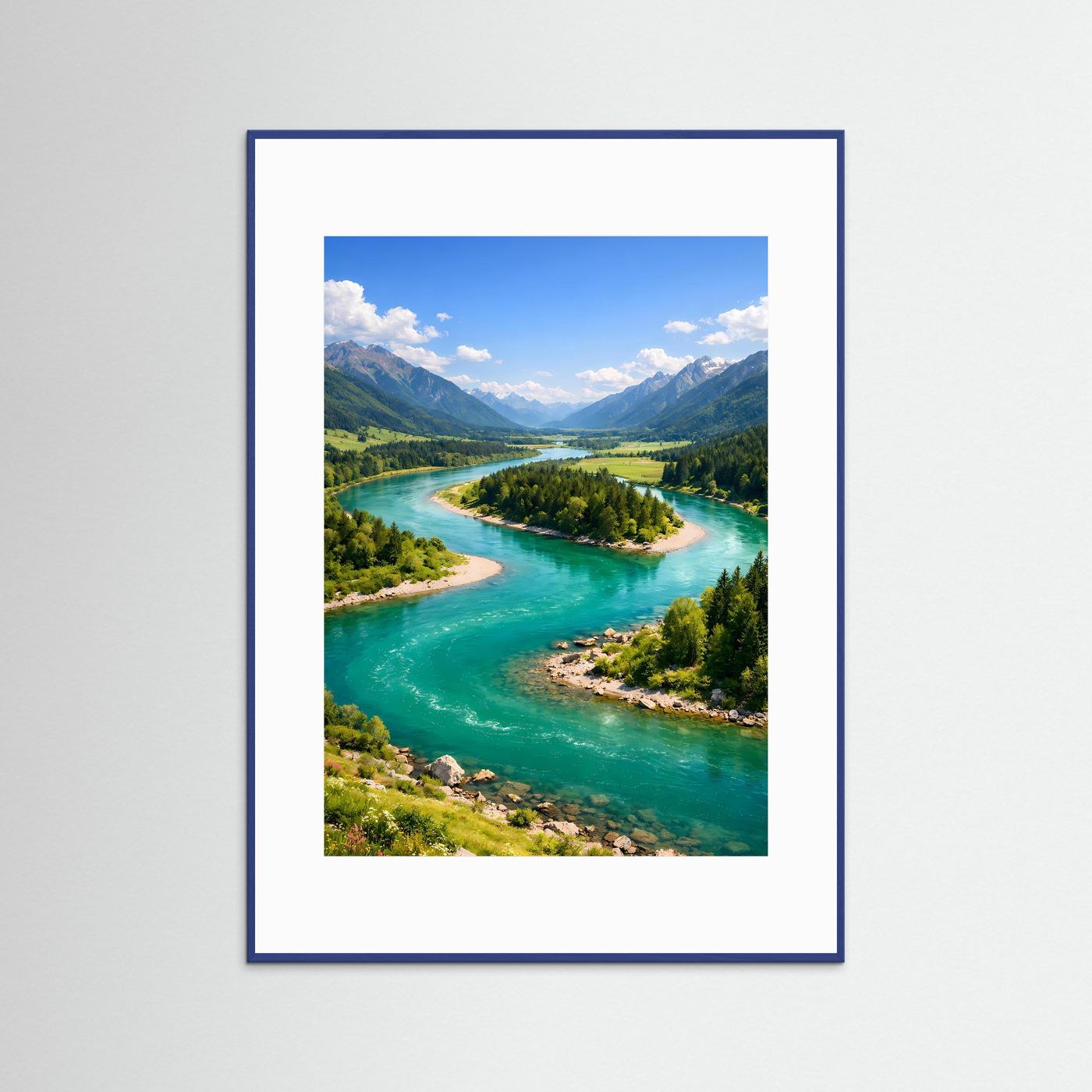Naturposter mit Flusslandschaft in Türkis und Grün, Alpenbergen und blauem Rahmen