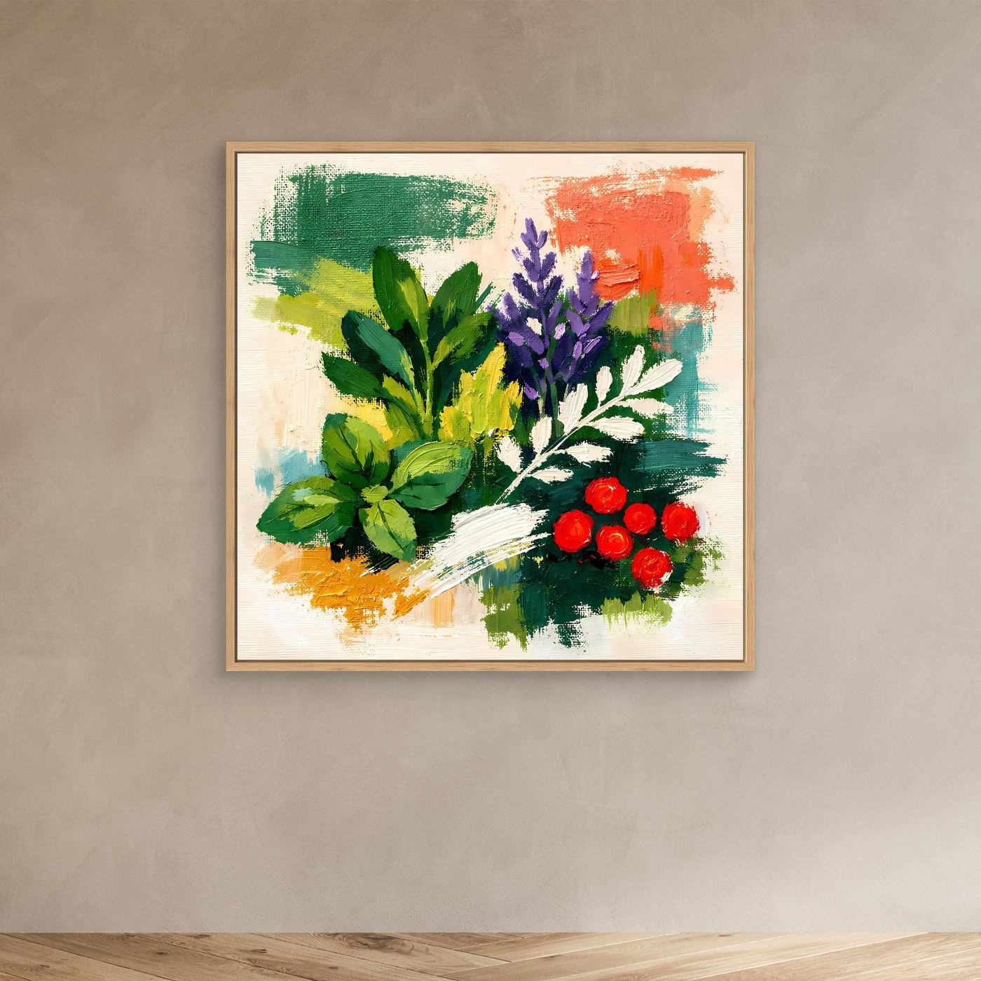 Abstract herb wall art painting with green and purple herbs and red flowers, in tan wood frame