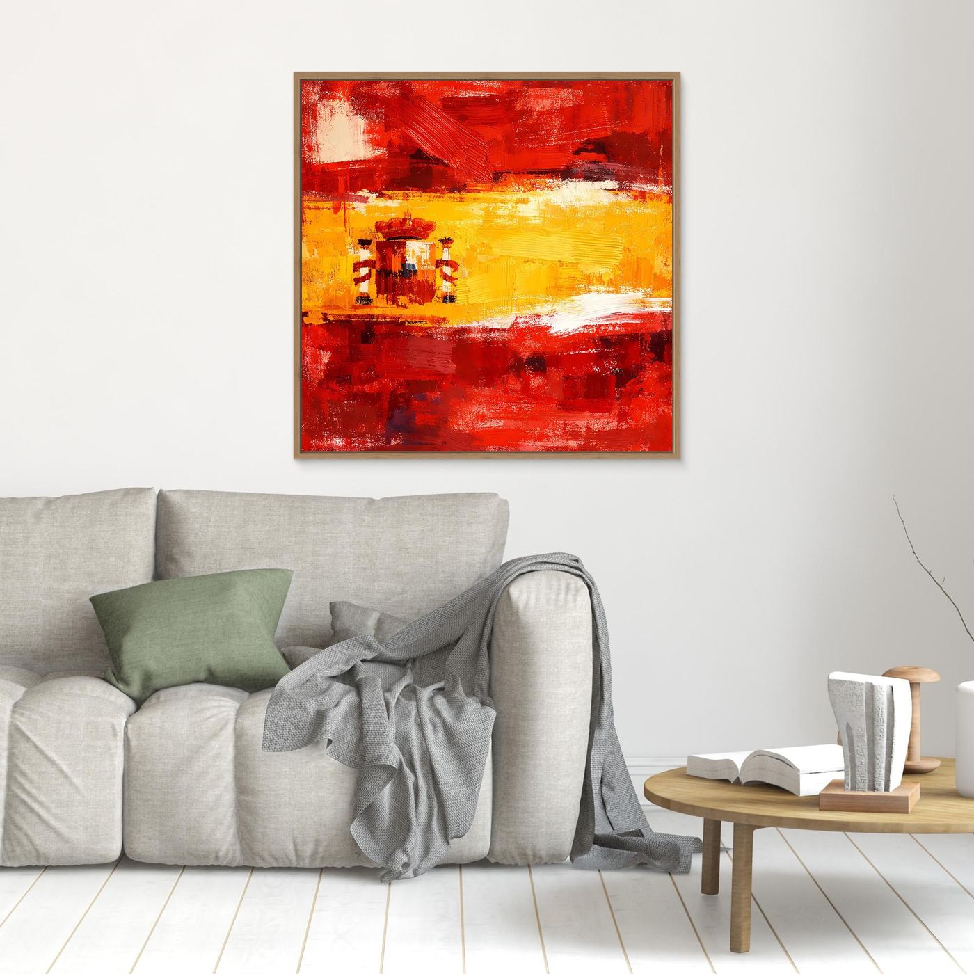 Square framed abstract canvas wall art with red and yellow brushstroke flag design