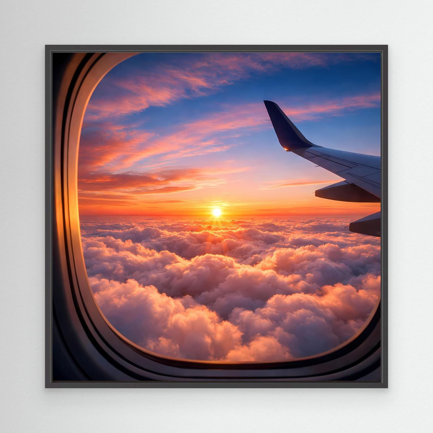 Leinwandbild mit Flugzeugfenster, Sonnenuntergang über Wolken; schwarzer Rahmen