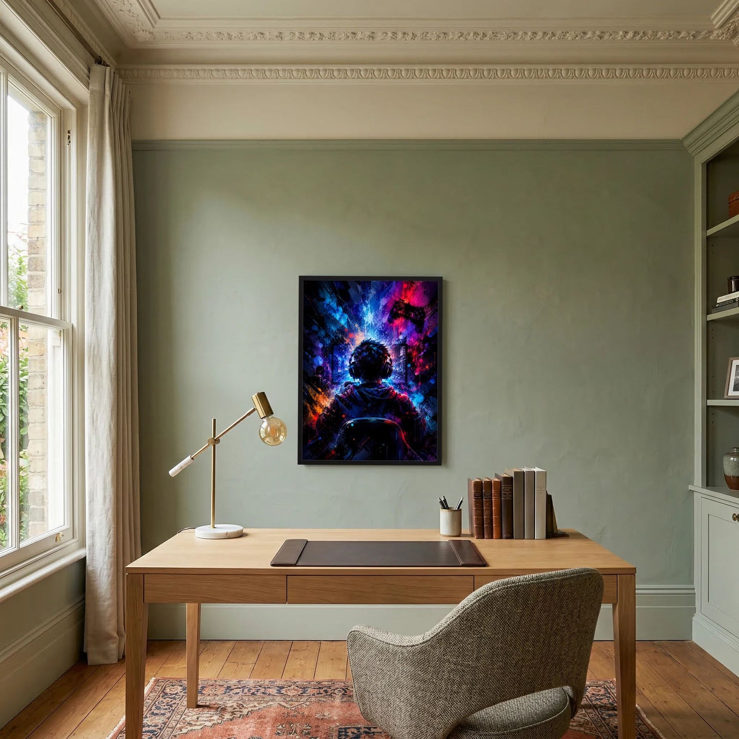 Neon-Gamer-Poster im Hochformat über dem Schreibtisch: Headset-Silhouette, Neonfarben