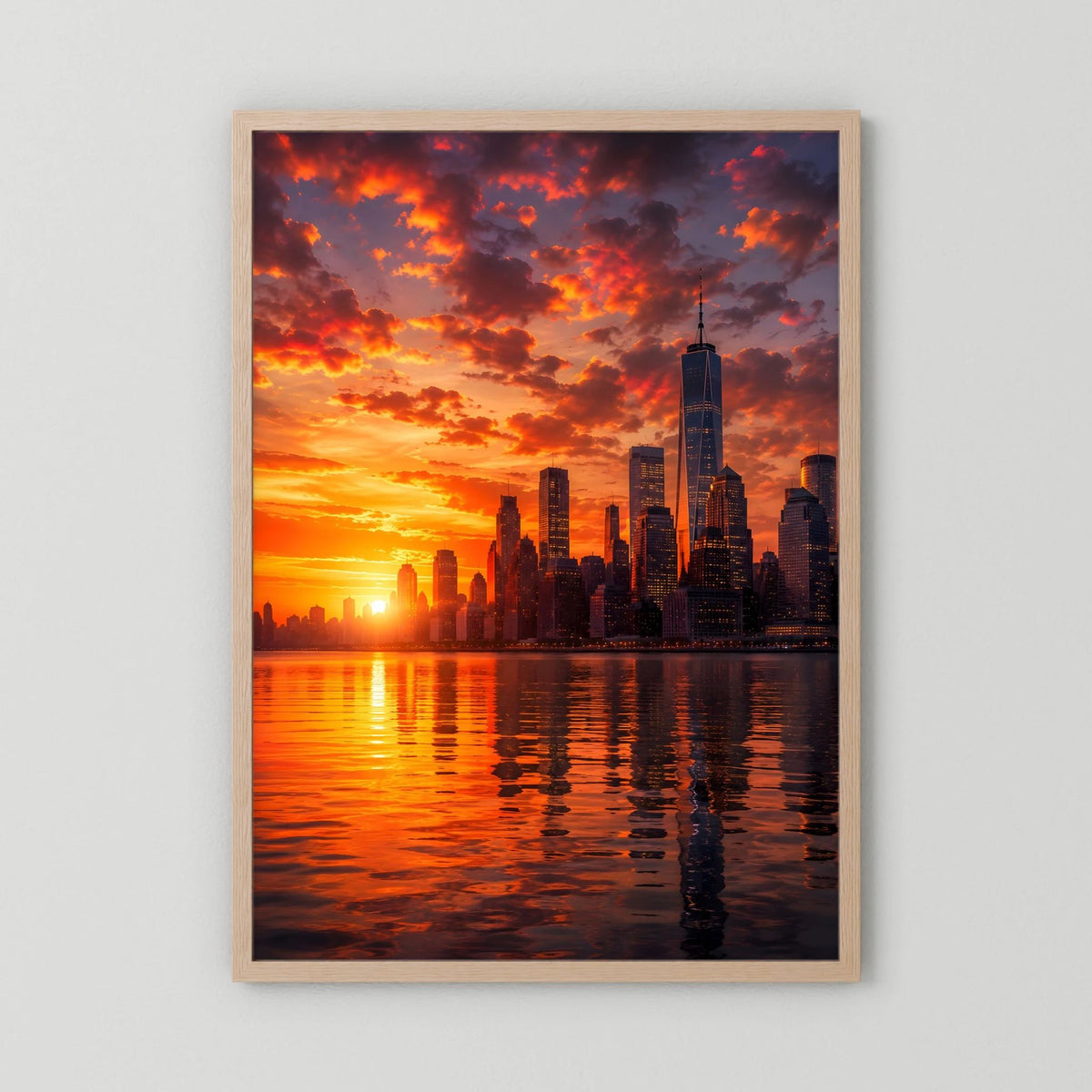 Gerahmtes Stadtposter in hellem Holzrahmen, Skyline bei Sonnenuntergang