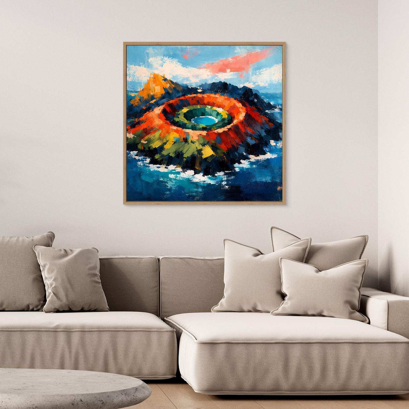 Abstraktes Leinwandbild mit Vulkankrater in Farbenmeer, mit hellem Holzrahmen