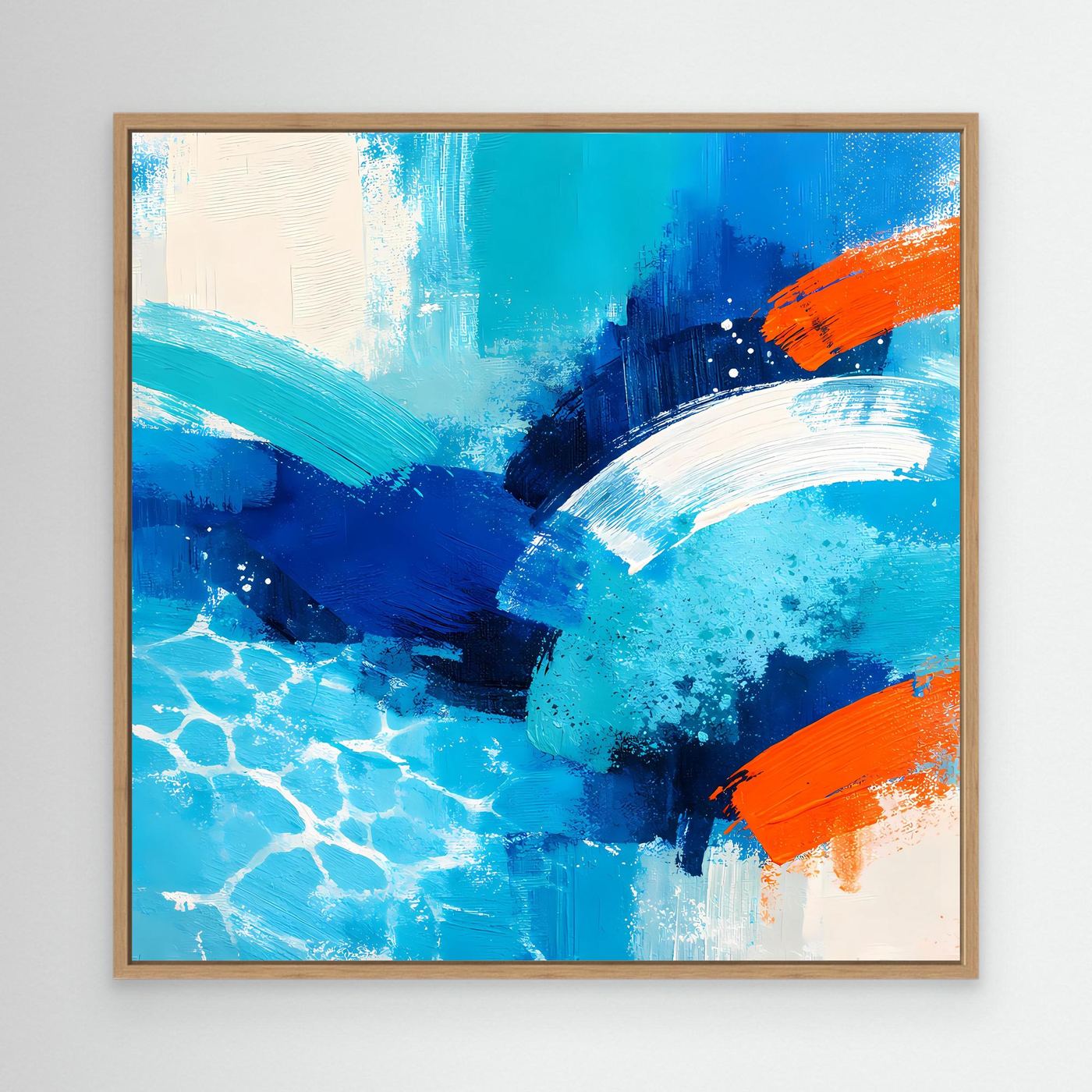 Abstract sea wave canvas wall art in blue with orange accents, oak wood frame